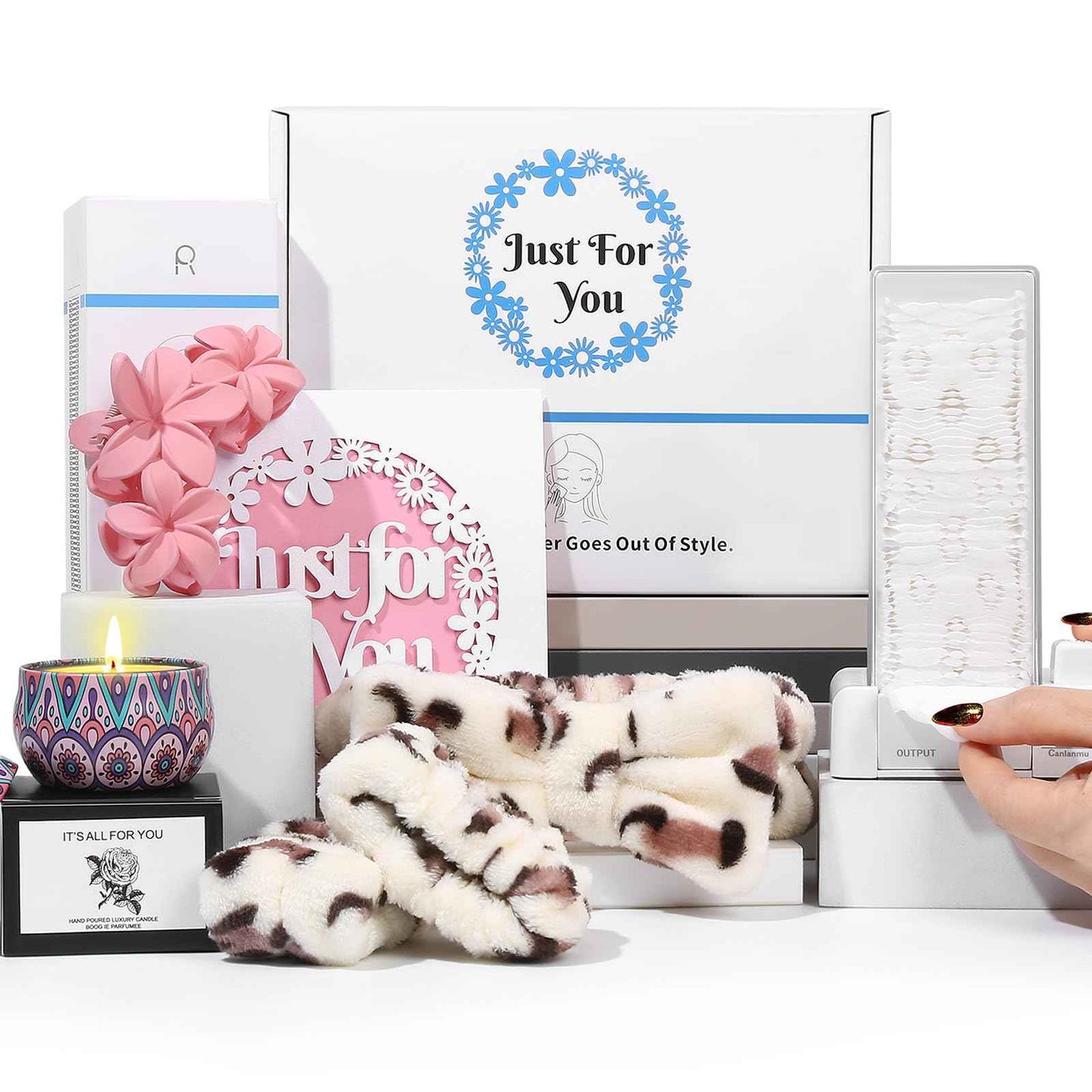 Cotton Pad Holder Christmas Birthday Gifts Sets For Women,Automatic Reusable Square Dustproof Waterproof Cosmetic Bathroom Pad Dispenser include Headband,Wrist Bands,Hair Clips Scented Candles