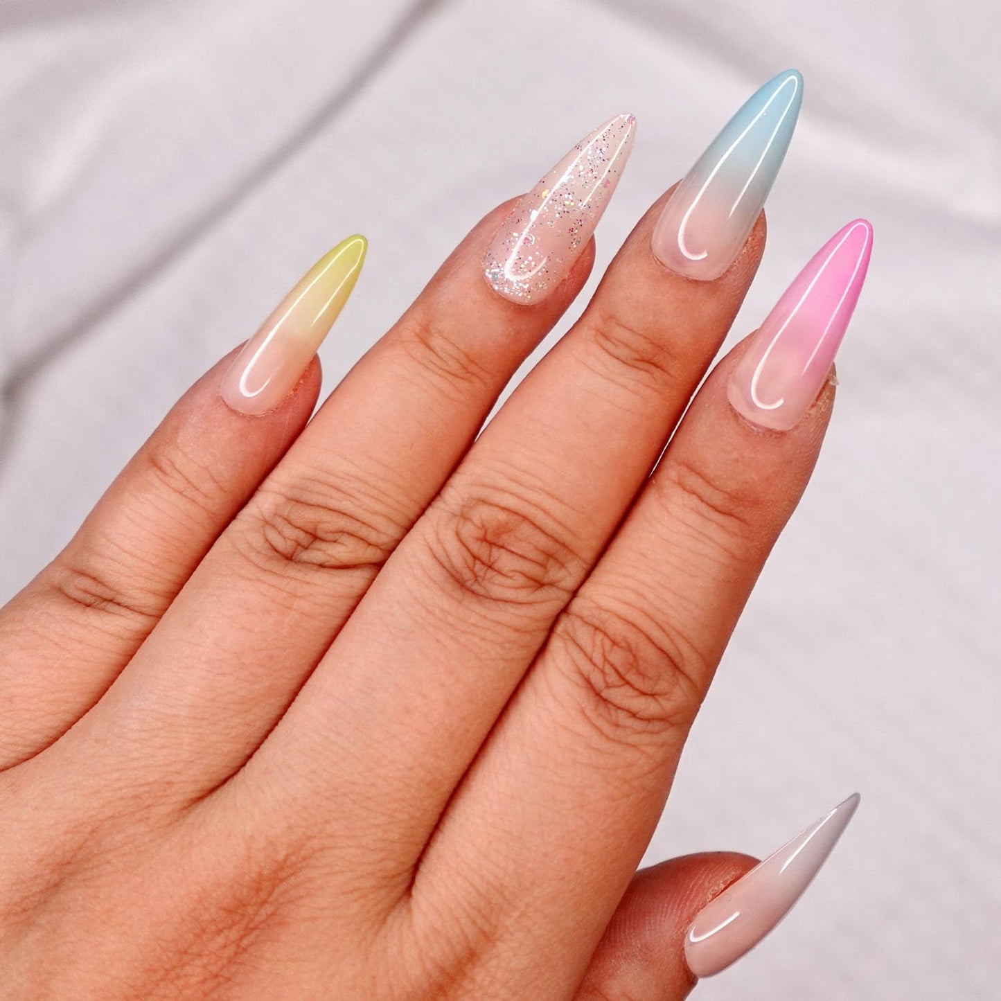 10 Pcs Handmade Press on Nails (Large, Dreamland - Nude Pastel French Ombre Tip with Glitter Bling Out/Stiletto) A116L