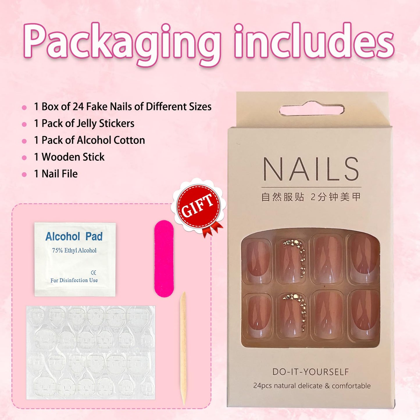 24Pcs Press on Nails Medium Square Fake Nails Pink White False Nails with Rhinestones Flower Designs Stick on Nails French Tip Acrylic Nails Full Cover Glossy Manicure for Women