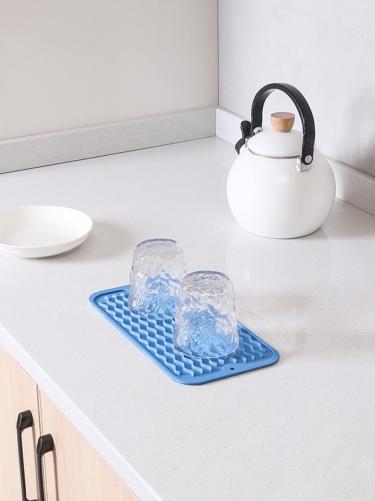 MicoYang Silicone Dish Drying Mat for Multiple Usage,Easy clean,Eco-friendly,Heat-resistant Silicone Mat for Kitchen Counter,Sink,Bar,Bottle,or Cup Lichen Blue S 12 inches x 6 inches