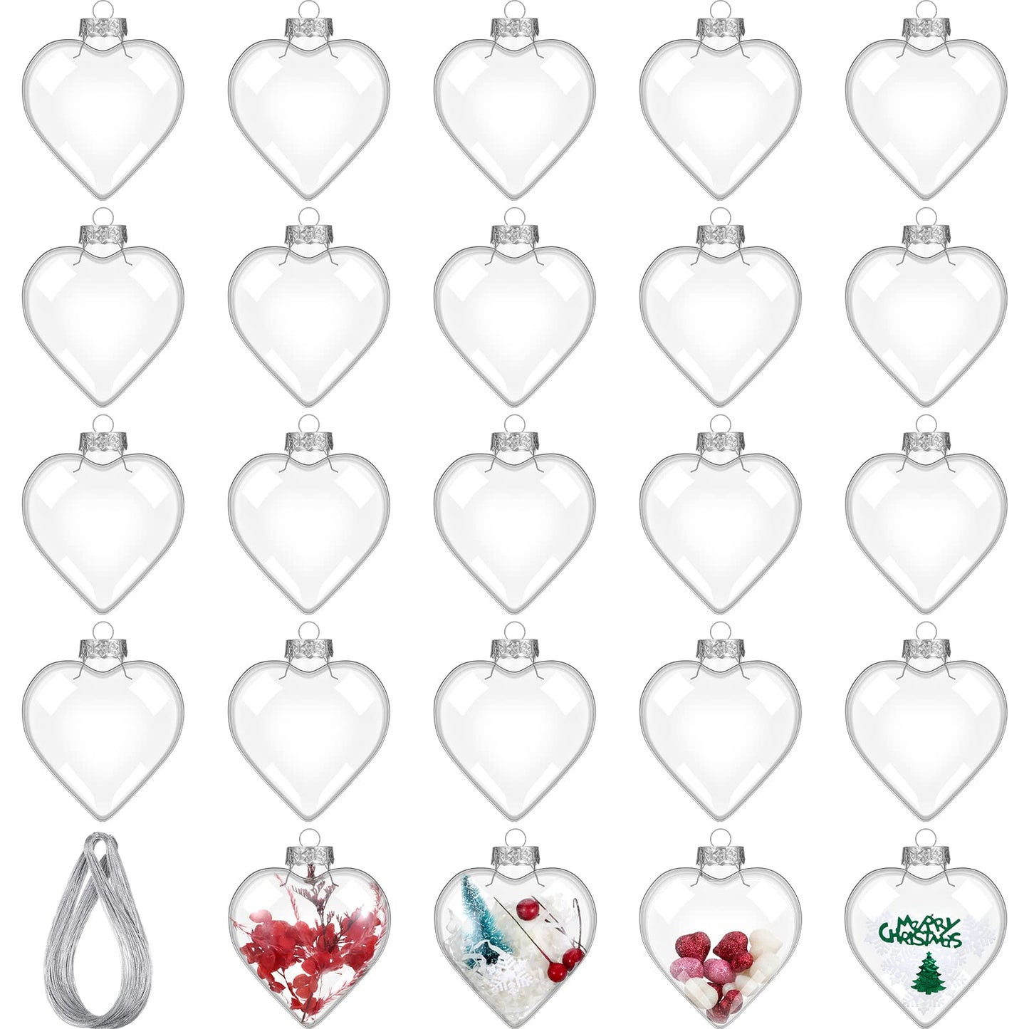 24 Pcs Christmas Clear Heart Ornament for Crafts DIY Fillable Christmas Ornament Balls 100 mm Plastic Heart Shaped Filling Transparent Hanging Box with Rope for Xmas Tree Decor Wedding Party Present