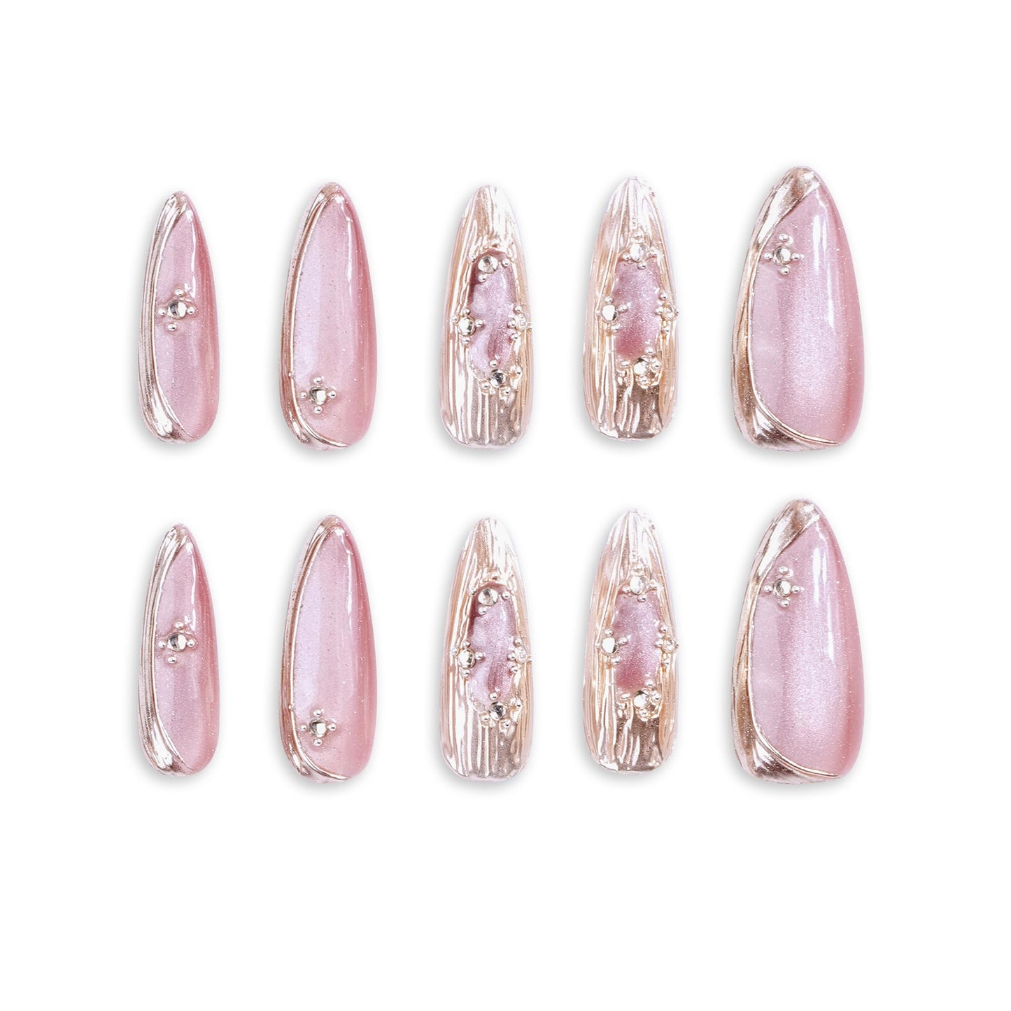 THCEVRLA Handmade Press On Nail Nails Medium Long Pink Cat Eye Almond Oval Fake Tip 3D Gel Design Art Charms Cute with Storage Box 10 Pcs Women's gift (S, Pink Fantasy)