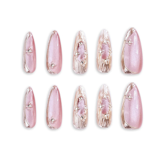 THCEVRLA Handmade Press On Nail Nails Medium Long Pink Cat Eye Almond Oval Fake Tip 3D Gel Design Art Charms Cute with Storage Box 10 Pcs Women's gift (S, Pink Fantasy)