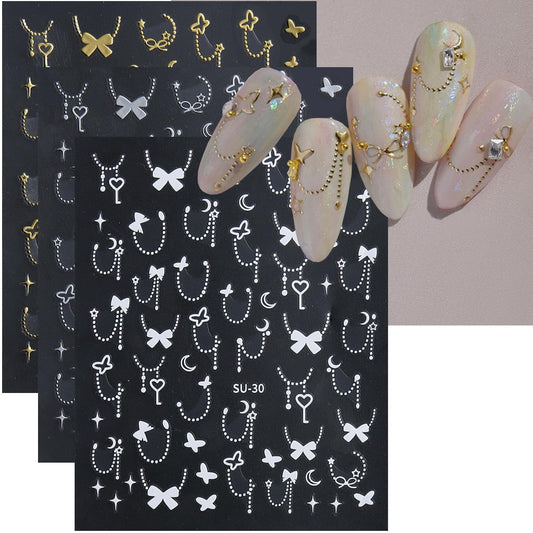 Silver Gold Bow Heart Nail Art Stickers, 6 Sheets 3D Self-Adhesive Nail Decals Nail Art Design Shiny Bow Heart Nail Sticker Supplies Decoration for Women and Girls Nail Art Accessories