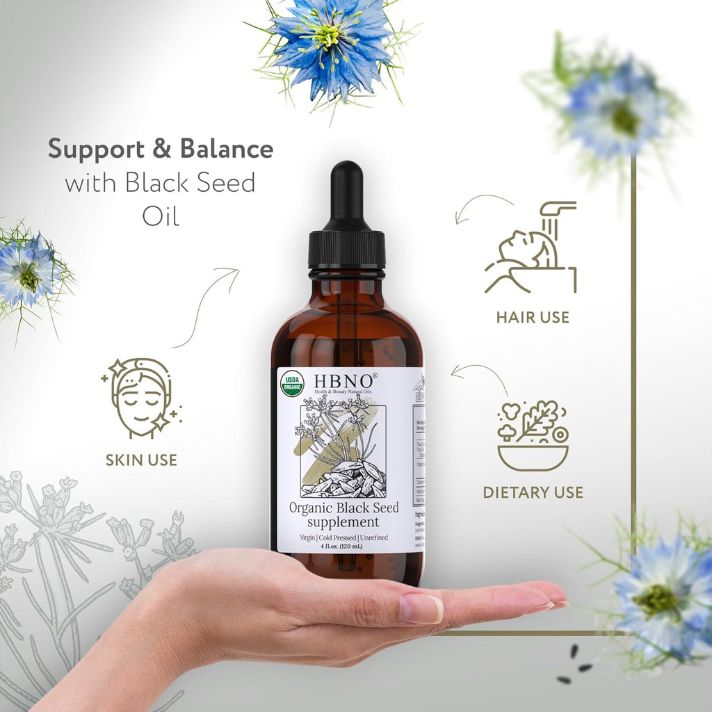 HBNO Organic Black Seed Oil - Huge 4oz (120ml) Glass Bottle Value Size - USDA Certified Organic Black Seed Oil, Cold Pressed for Face, Body, Lips, Shampoo & Conditioner