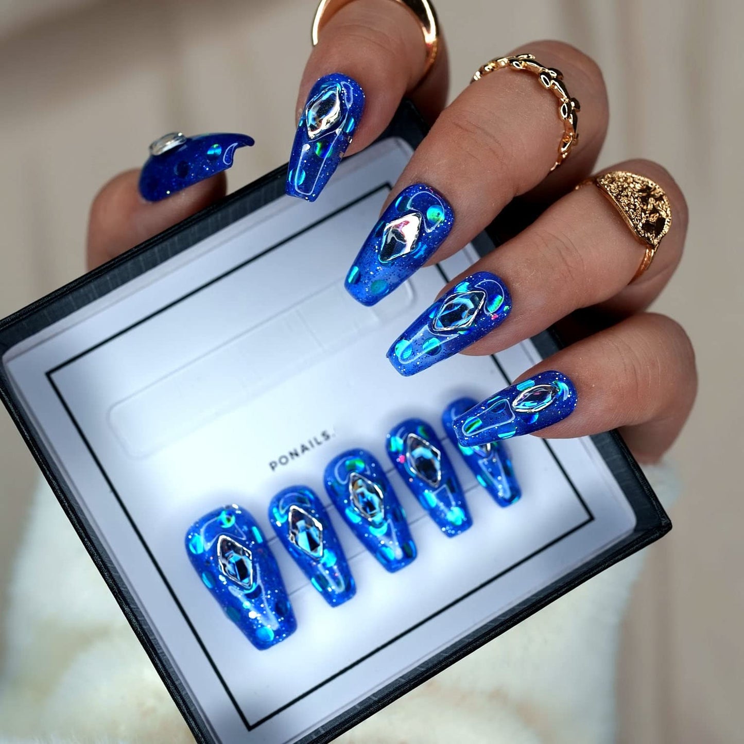 10 Pcs Handmade Press on Nails (X-Small, Gem in Deep Ocean/Glitter Indigo With Holo Dots And Rhinestones Mermaid Theme/Short Coffin) A001XS