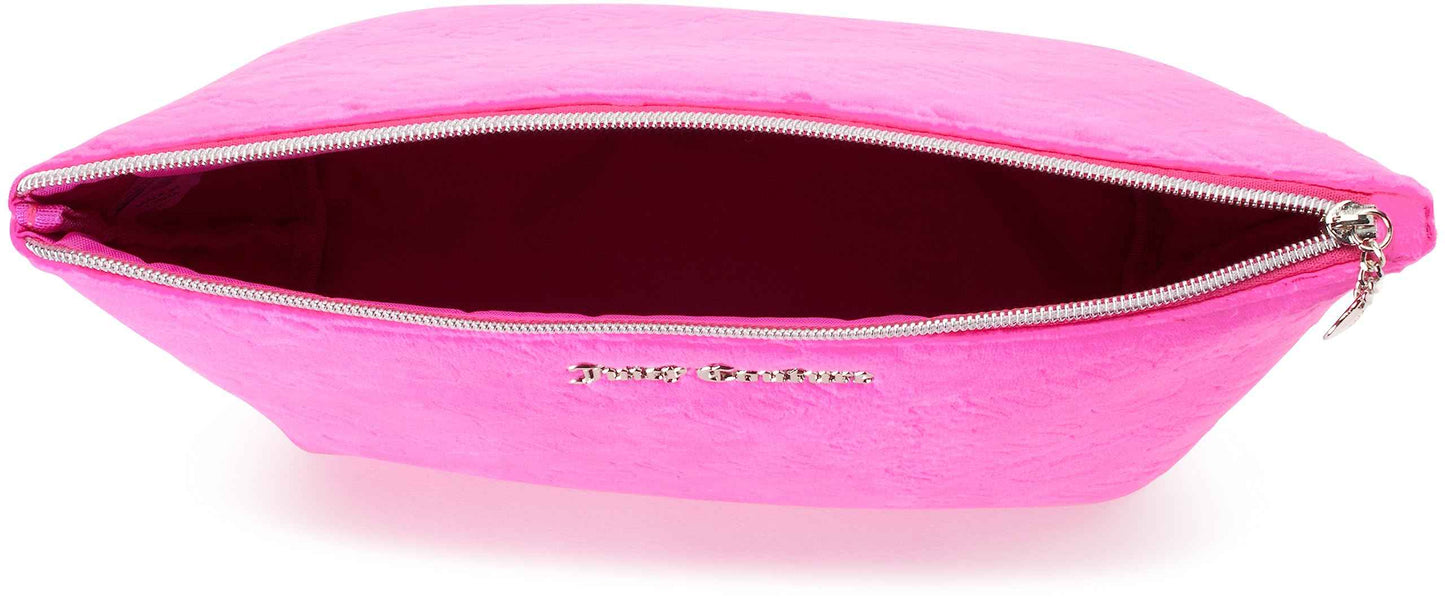 Juicy Couture Pink Makeup Bag Cosmetics Organizer Travel Essentials Zip Top Wedge Velour Heart Love