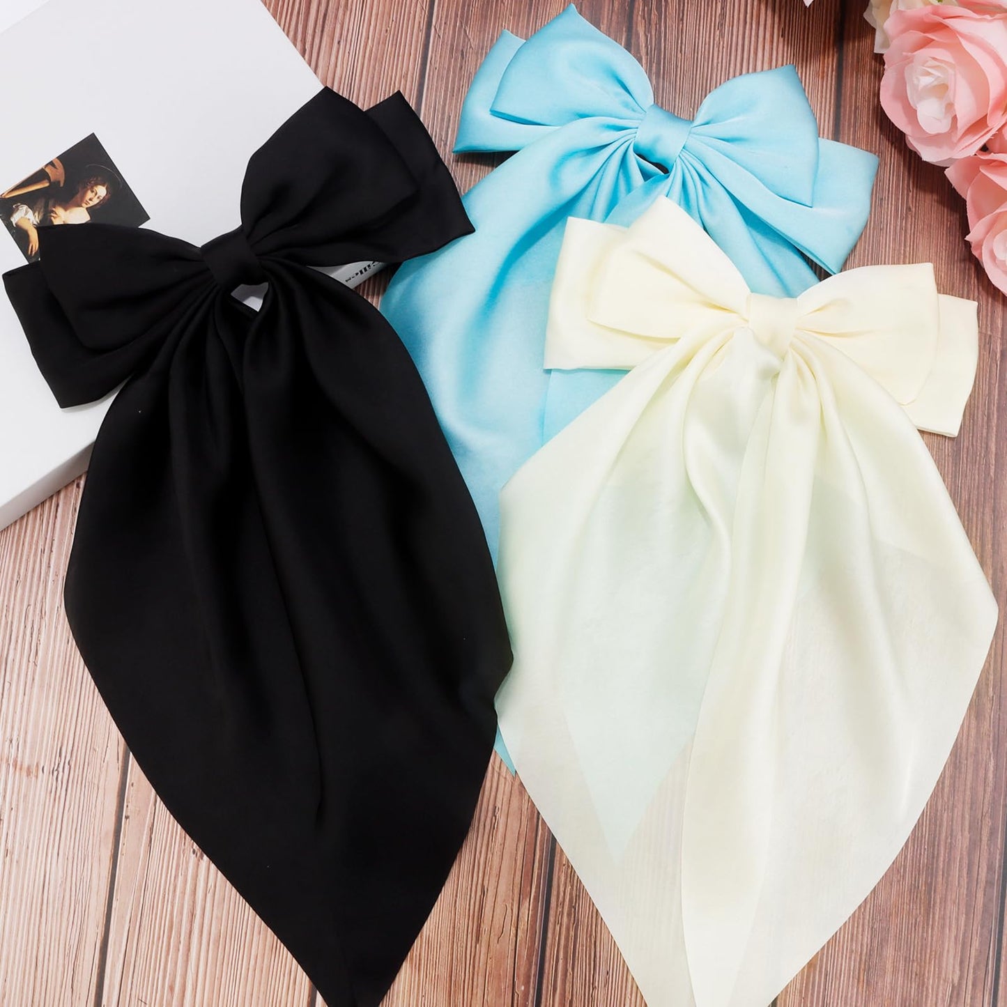 Velscrun Women's Hair Bows Set - 3Pcs Silky Satin Oversized Barrettes with Long Tail Ribbons in White, Black, and Bright Blue