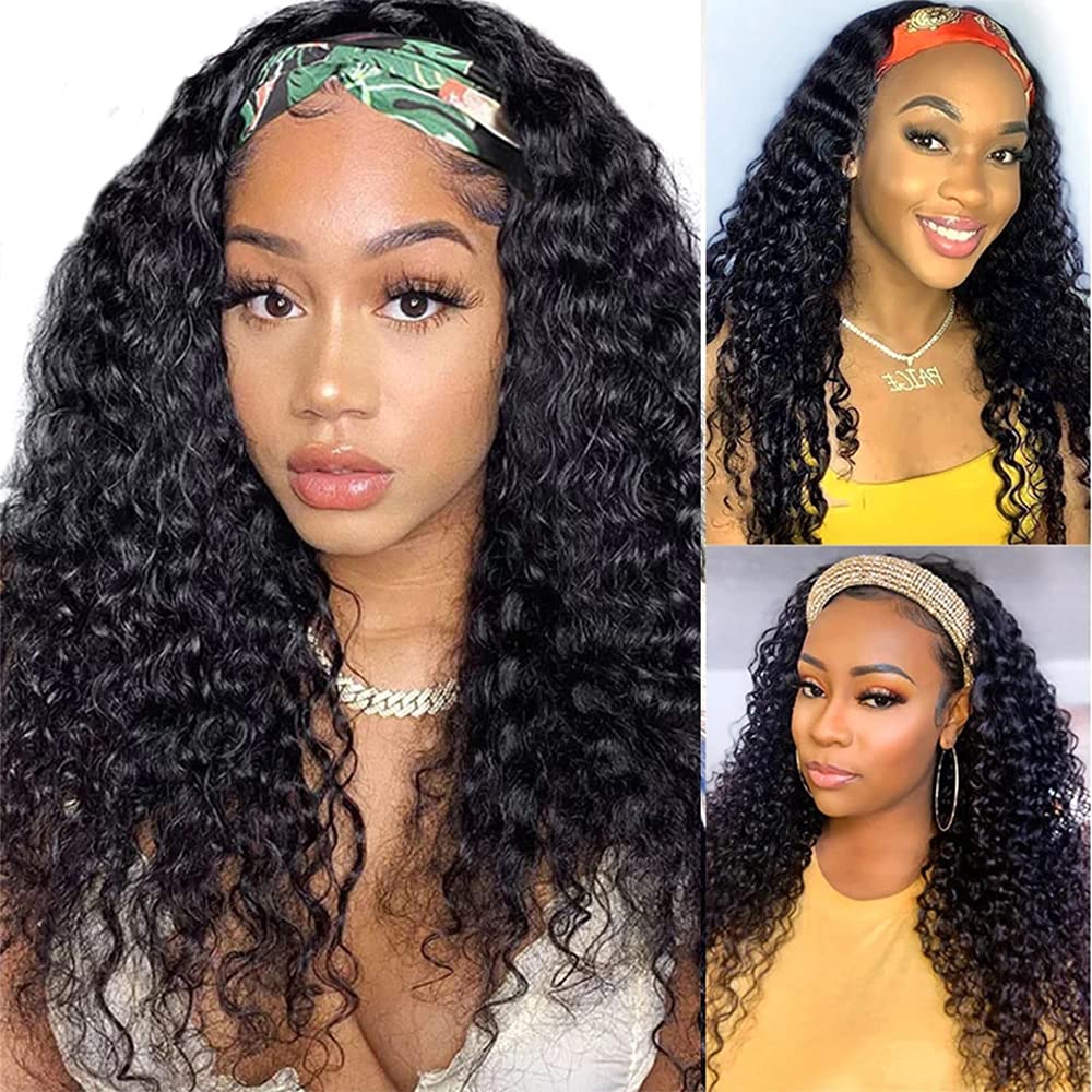 WENYAN Headband Wig Human Hair Deep Wave 16 Inch Wigs for Black Women Glueless None Lace Front Curly Wave Wig Brazilian Virgin Hair Wear and Go Wigs Machine Made 150% Density Wigs Natural Color