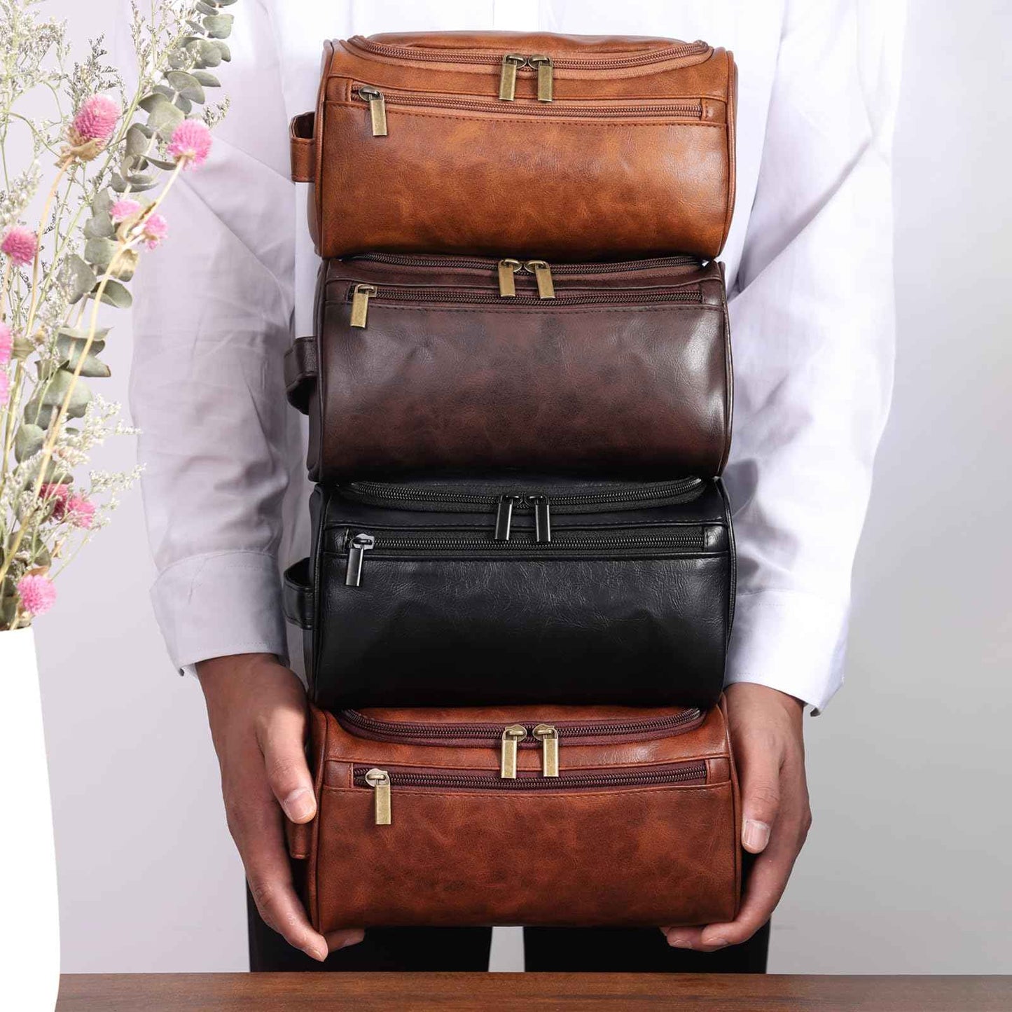 Seozata Toiletry Bag for Men, Hanging Travel Shaving Dopp Kit for Men and Women, Water-resistant Toiletries Organizer Bags, PU Leather Cosmetic Bags for Makeup Accessories (Dark Coffee)