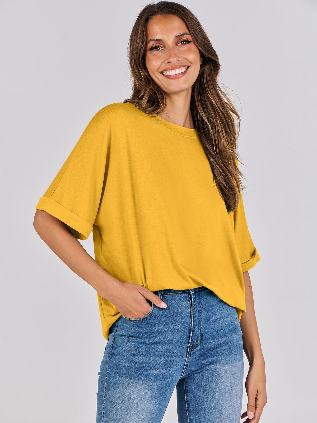 ANRABESS Women's Oversized T Shirts Short Sleeve Crewneck Summer Tops Casual Loose Basic Tee Shirts 2024 Trendy Clothes Yellow Medium