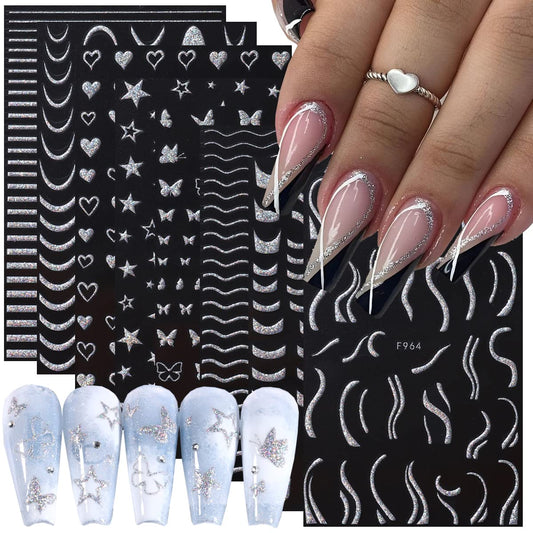 8Sheets French V-Shaped Sparkly Glitter Line Nail Stickers Star Heart Butterfly Design Reflective Silver Glitter Sticker Holographic Swirl Stripes Curve Lines Decals for Women DIY Decoration Nail Supplies