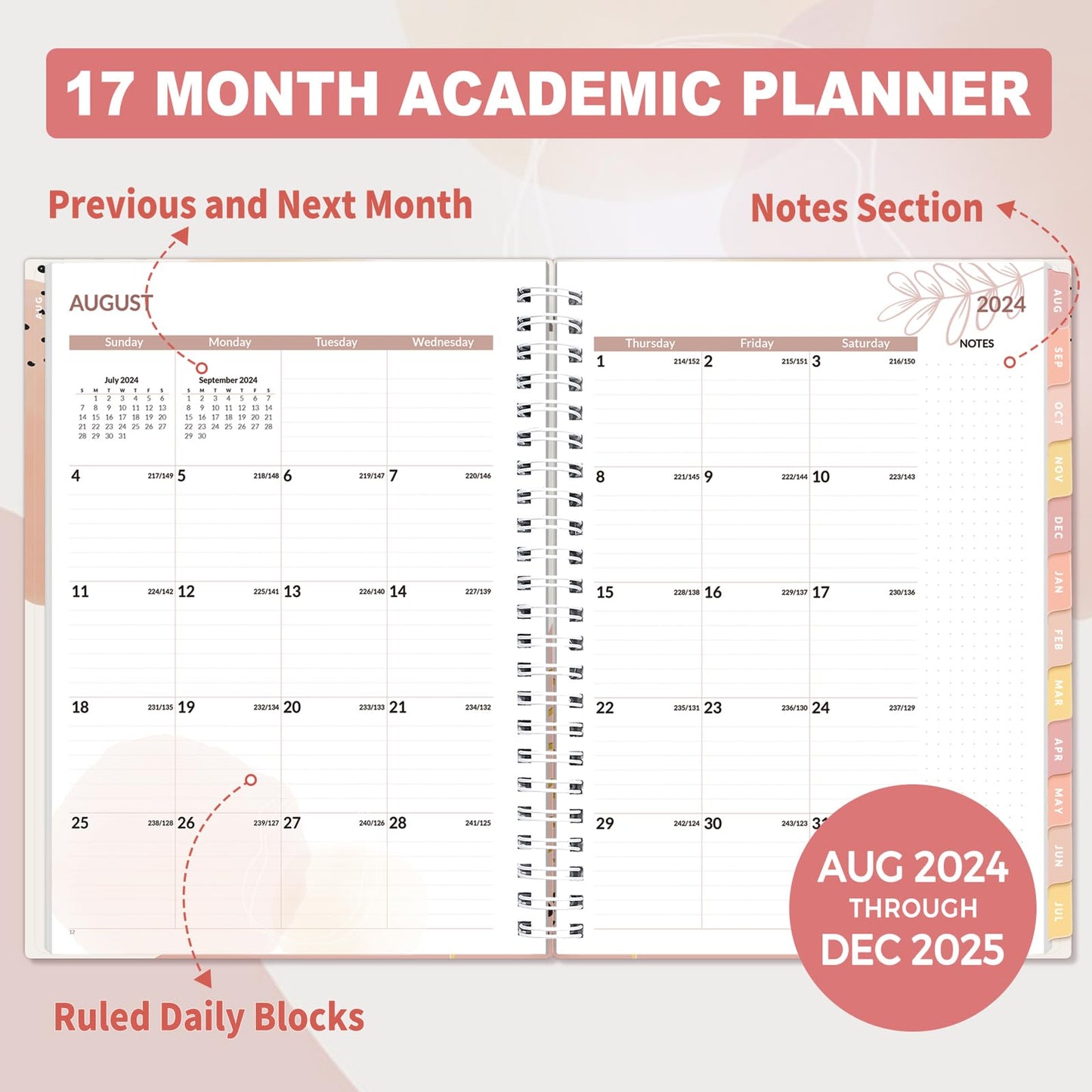 SUNEE Academic Planner 2024-2025 Weekly and Monthly - from August 2024 - December 2025, 6.4"x8.3" School Year Calendar Daily Planner with Monthly Tab, Flexible Cover, Note Pages, Pockets, Bookmark, Spiral Binding, Blushing Abstract Breeze