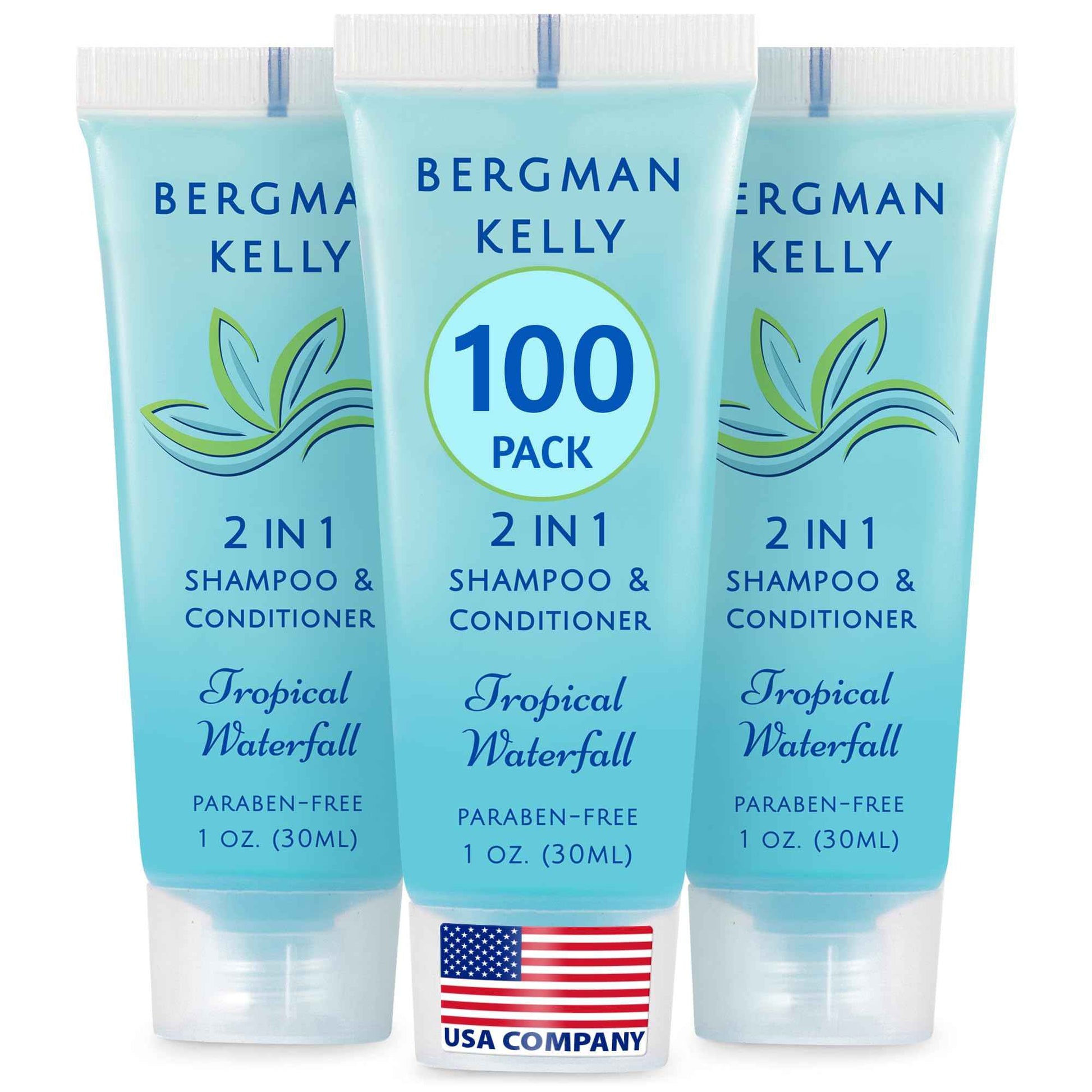 Bergman Kelly - Travel Size 2 in 1 Shampoo & Conditioner - 1 fl oz, 100 PK, Tropical Waterfall - Delight Your Guests w/Invigorating & Refreshing Shampoo Amenities - Small Hotel Toiletries in Bulk