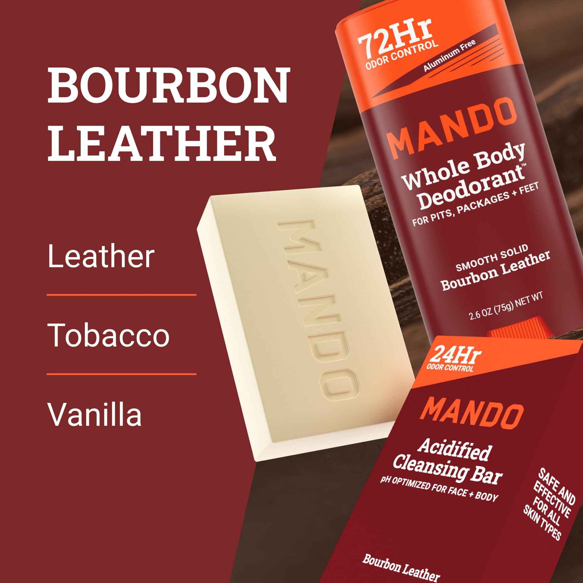 Mando Whole Body Deodorant 2 Piece System - 2.6oz Smooth Solid Stick & 5.0oz 4in1 Acidified Cleansing Bar - Aluminum & Baking Soda Free Odor Control - Doctor Developed - 2 pc Bundle (Bourbon Leather)