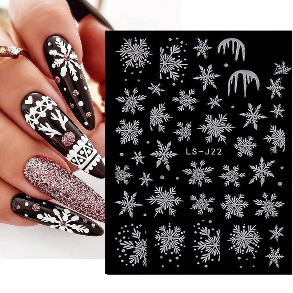 Christmas Nail Art Stickers 3D Snowflake Nail Decals Self-Adhesive Nail Art Supplies White Snowflake Nail Charms Winter Snow Deer Design Nail Stickers Xmas Party Nail Decorations for Women 6 Sheets