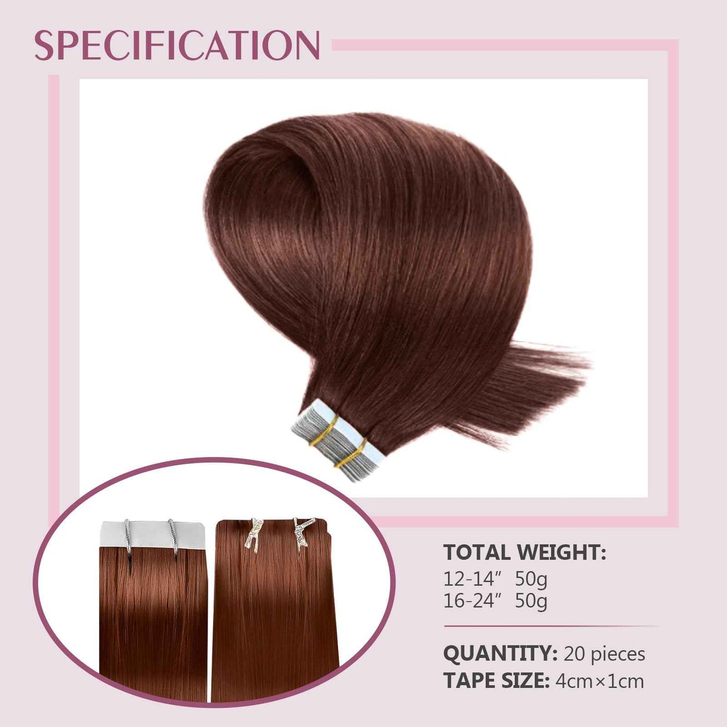 Fimislosion in Human Hair, 16 Inch Dark Auburn Real Human Hair Tape in Extensions, Invisible e ins Hair Extensions for Women, Seamless in 20Pcs 50Gram