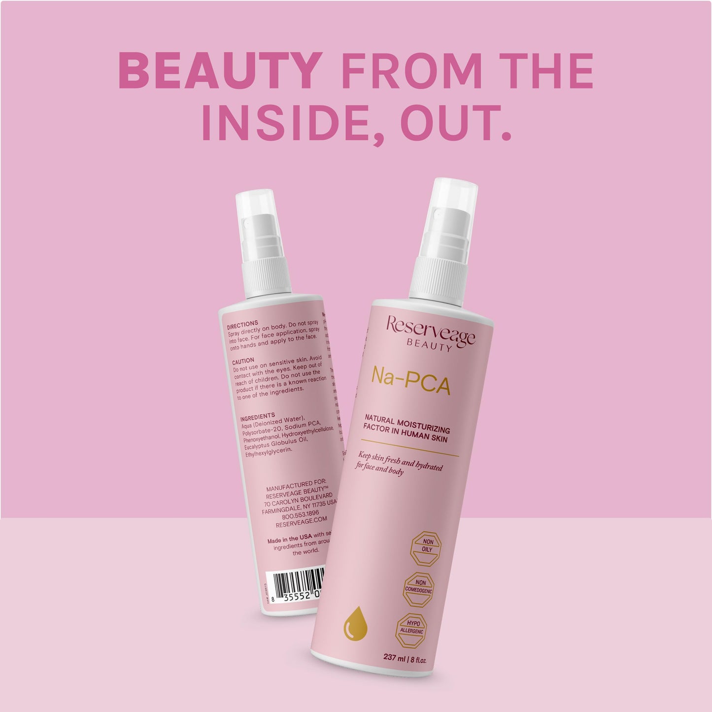 Reserveage Na-PCA Spray - Moisturizing Body Mist for Dry Skin - Face Moisturizer for Women with Eucalyptus Oil - 8 Fl Oz (Pack of 2)