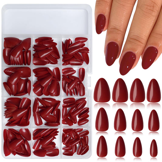 LuckForever 360pc Almond Press on Nails Short Glue on Nails Short Fake Nails Red Glue on Nails Short Artificial Fingernails Nails Short False Nails Almond for Nail Art DIY.