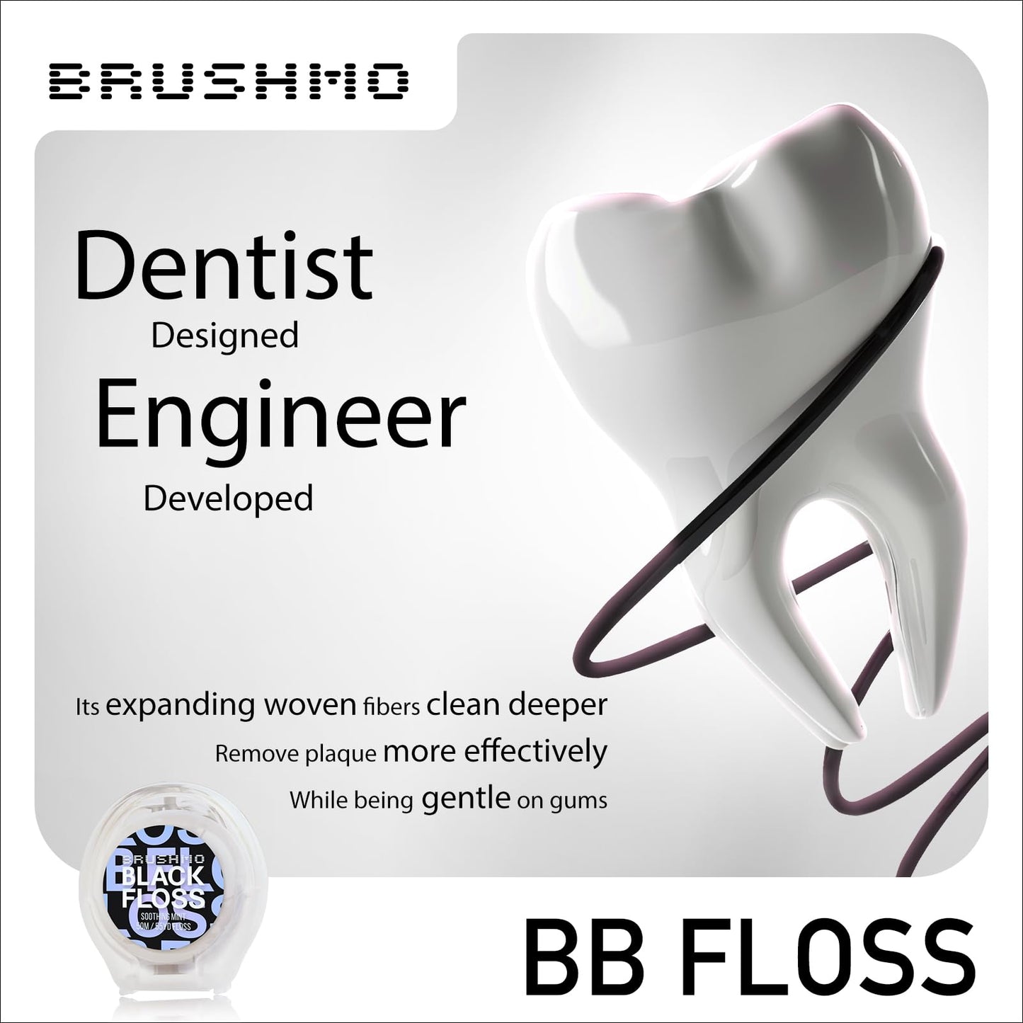 Brushmo Black Floss (BB Floss), US Dentist-Designed Oral Care, Stain-Absorbing, Woven Expanding Dental Floss with Natural Wax to Prevent Gum Disease, Non-Toxic PTFE & PFAS Free, 4 Spools (220 yd)