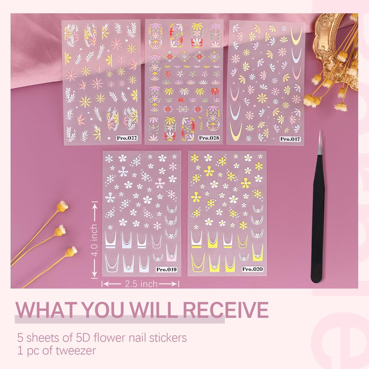 5 Sheets 5D Flower Nail Art Stickers with Tweezer Embossed Pink White Yellow Daisy Nail Decals 3D Self Adhesive Floral Nail Supplies for French Tips Nail Design Women Girl Manicure Pegatinas Uñas