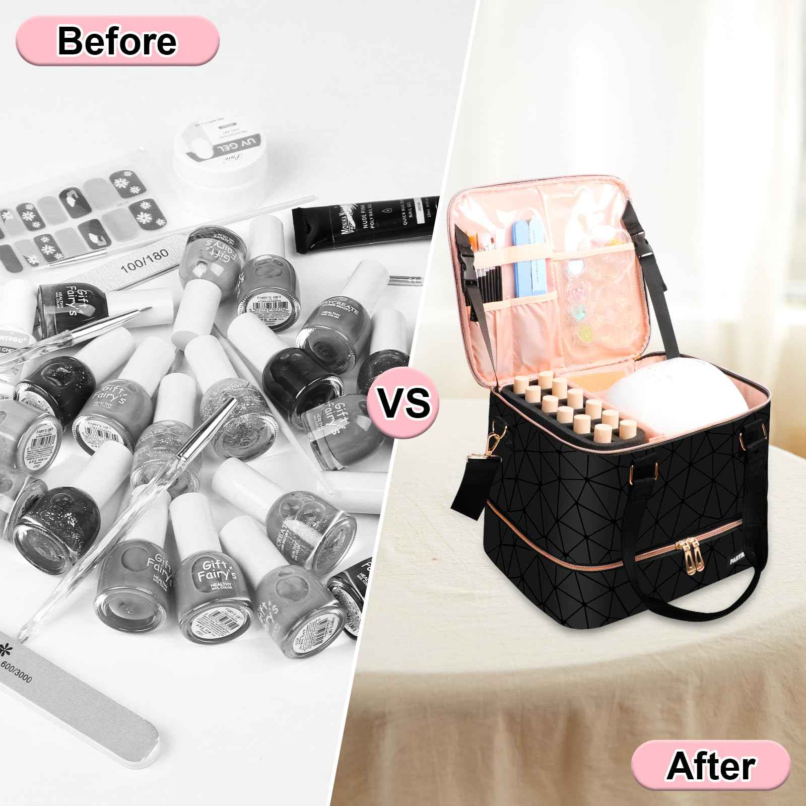 Partreko Large Nail Polish Organizer Fits 54 Bottles (15ml-0.5 fl.oz)& Nail Lamp, Double Layer Nail Supplies Organizer Bag with Holder Strip, PU Leather Nail Kit Storage Travel Case for Women (Black)