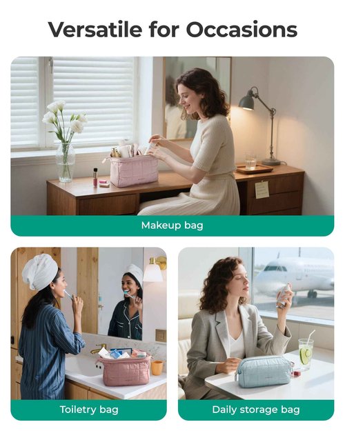 BAGSMART Makeup Bag Cosmetic Bag Wide Open, Beige, M, Wide-open Travel Makeup Bag With Puffy Padded and Rectangular Quilted