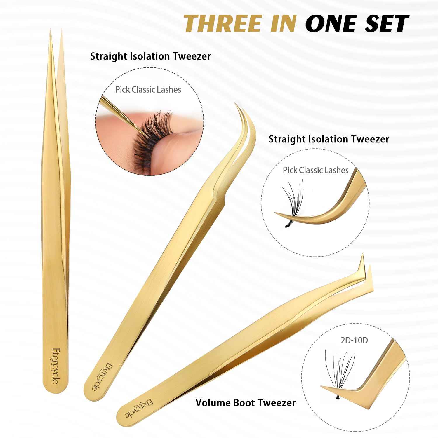 Etercycle High Precision Lash Tweezers Set - Includes 5 Stainless Steel Eyelash Tweezers for Classic Individual and Volume Lash Extensions. Complete with Storage Box