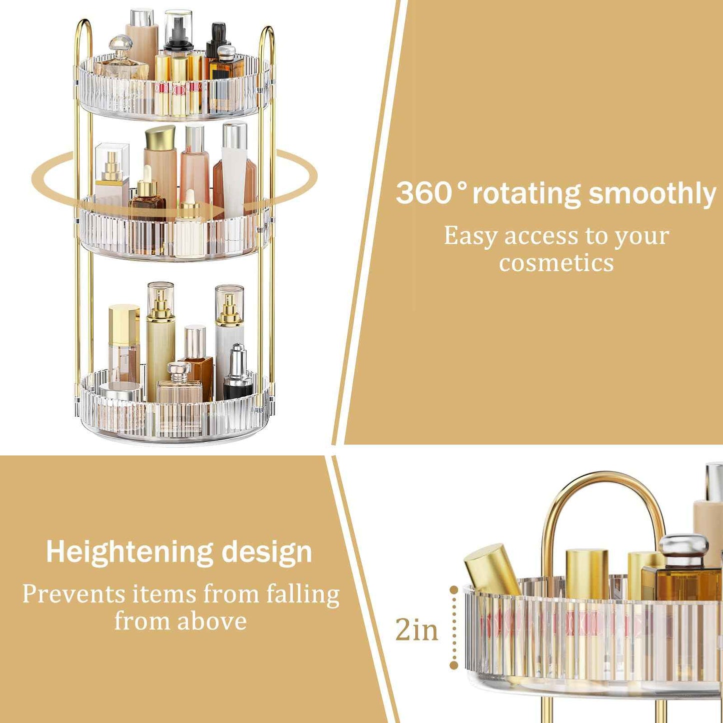 MOKANI 360 Rotating Makeup Organizer for Vanity, 3 Tier Adjustable Perfume Organizer for Dresser, Multi-Function Spinning Cosmetics Skincare Storage for Bedroom, Dresser, Countertop, Clear