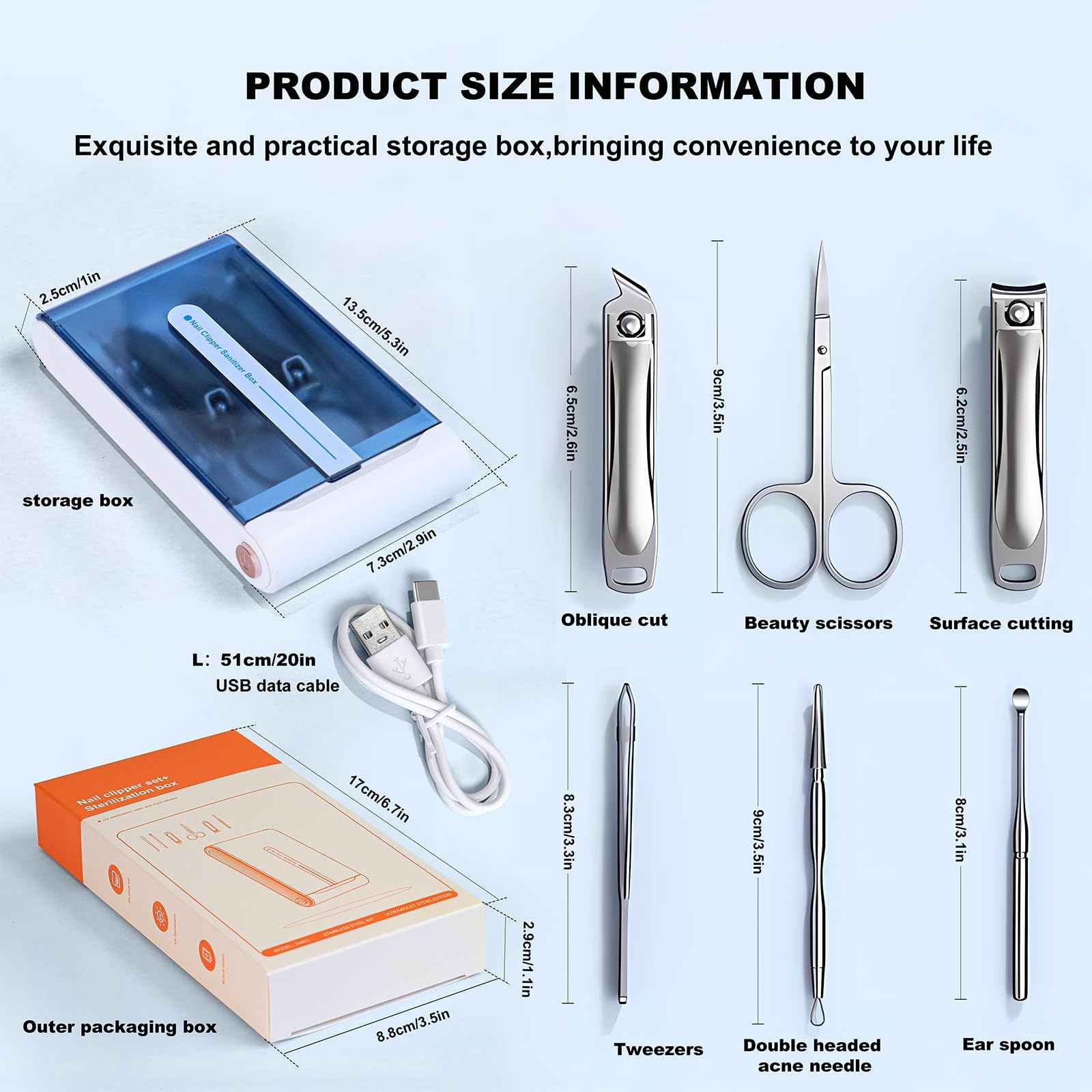 Nail Clipper Set with Disinfection Rechargeable Storage Box 6Pcs Manicure Pedicure Kit Stainless Steel Nail Grooming Tools Fingernail and Toenail Clipper Cutters Perfect Gifts for All Genders