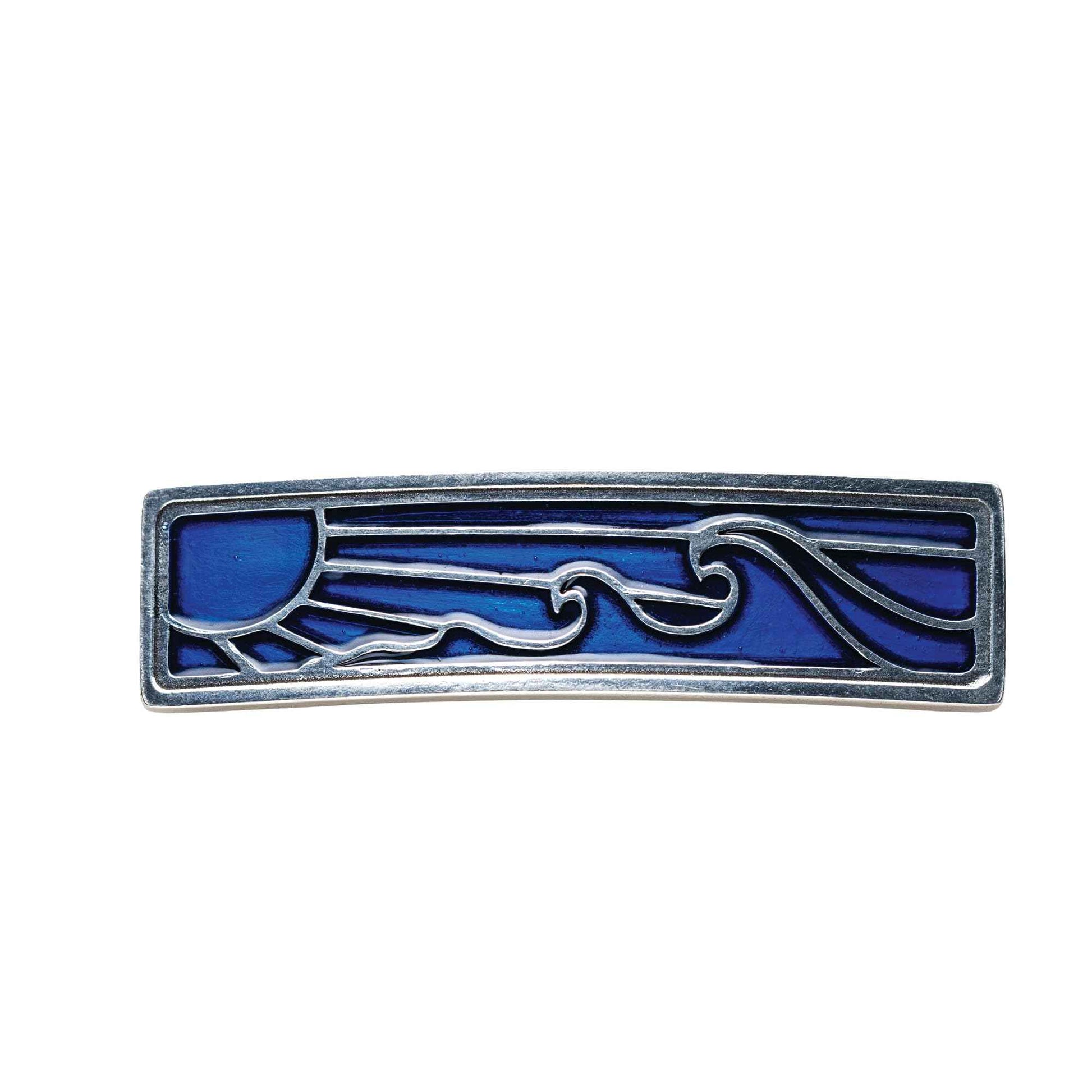 DANFORTH - ‘Wavesong’ Medium Barrette, Handcrafted Pewter Hair Barrettes For Women, Blue Woodblock Design, Measures 3" Long, 3/4" Tall, French Clasp, Made In USA