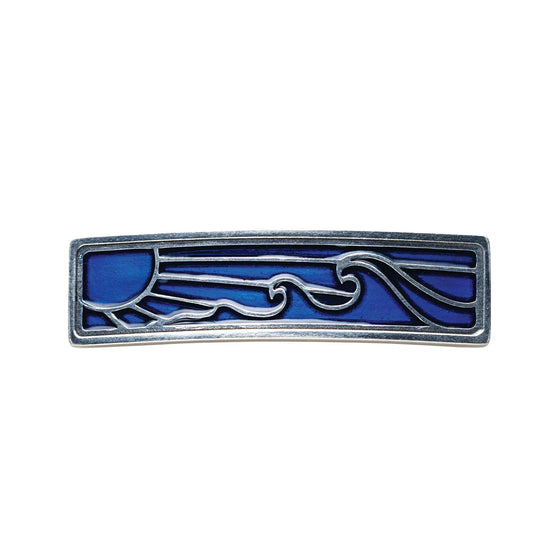 DANFORTH - ‘Wavesong’ Medium Barrette, Handcrafted Pewter Hair Barrettes For Women, Blue Woodblock Design, Measures 3" Long, 3/4" Tall, French Clasp, Made In USA