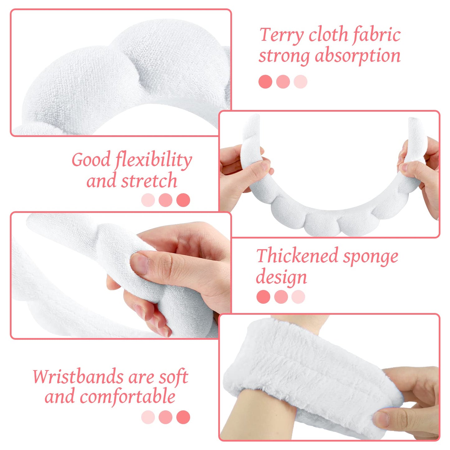 Spa Headband for Washing Face, Sponge Skincare Headband and Wrist Washband Set White Makeup Headband for Skincare, Shower for Women