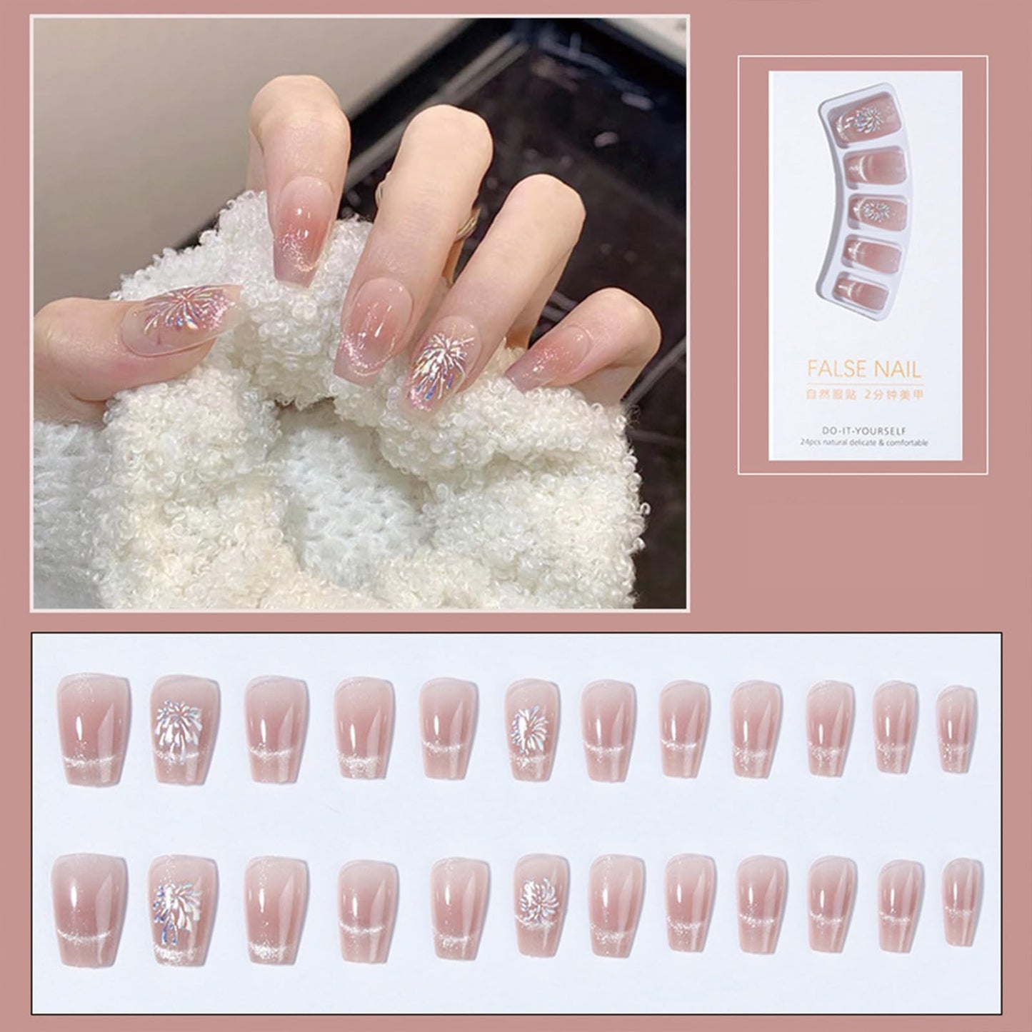 SINHOT Coffin Press on Nails Medium Ballerina Fake Nails Glossy Glue on Nails Pink Cat Eye Acrylic Nails Silver Glitter Arificial Nails Stick on False Nails with Fireworks Design 24 pcs