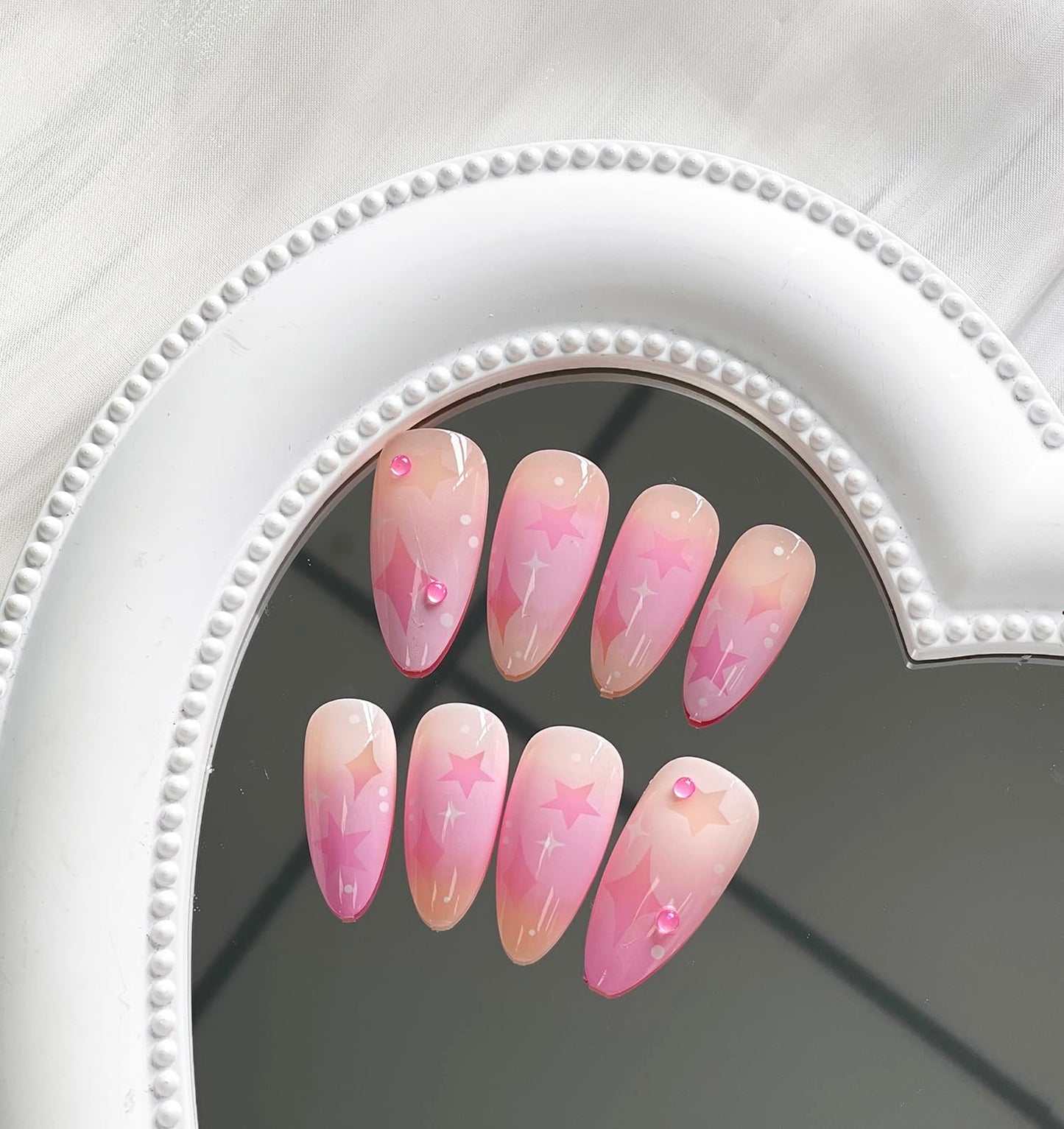 Press on Nails Medium Almond MABKJLF Fake Nails Pink Gradient Full Cover Stars Moon False Nails with Designs Rhinestones Glossy Glue on Nails Manicure Acrylic Artificial Nails for Women Girls 24Pcs