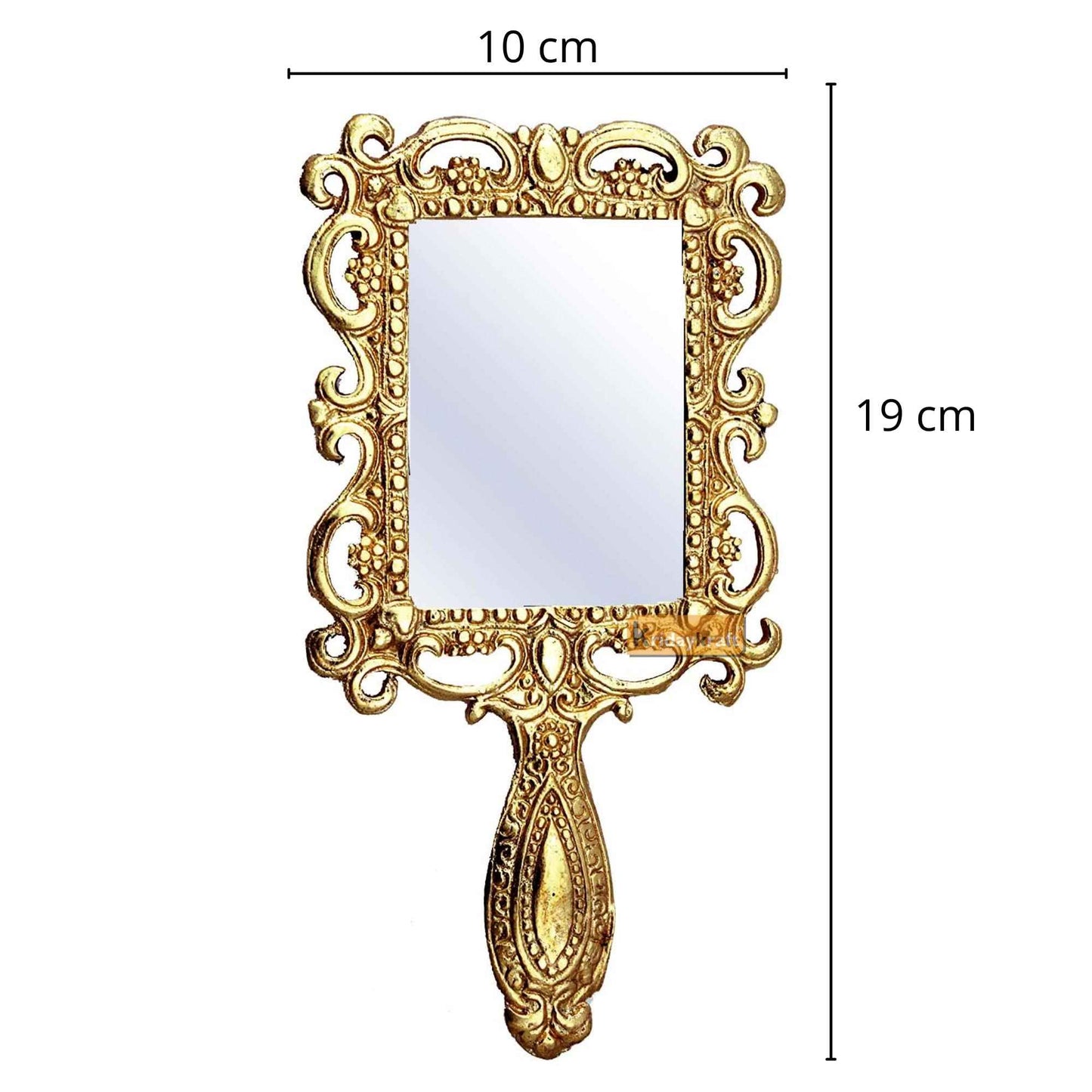 KridayKraft Beautifully Carved Square Shape Gold Plating Metal Hand Mirror for Makeup, Travelling, Salon Mirror & Decorative Antique Item, Framed
