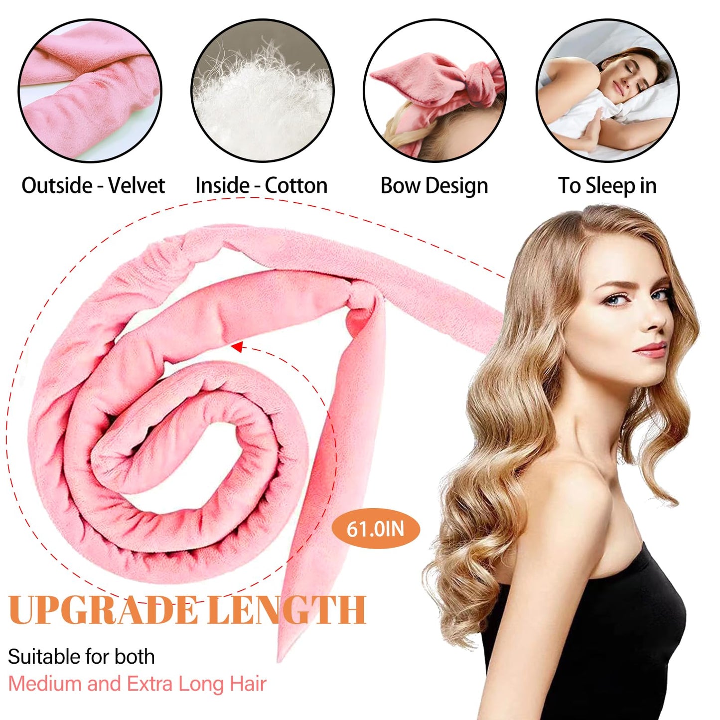 Extra-Long Overnight Heatless Curling Headband for Long Hair, No Heat Curlers to Sleep In (Pink-Giftbox)