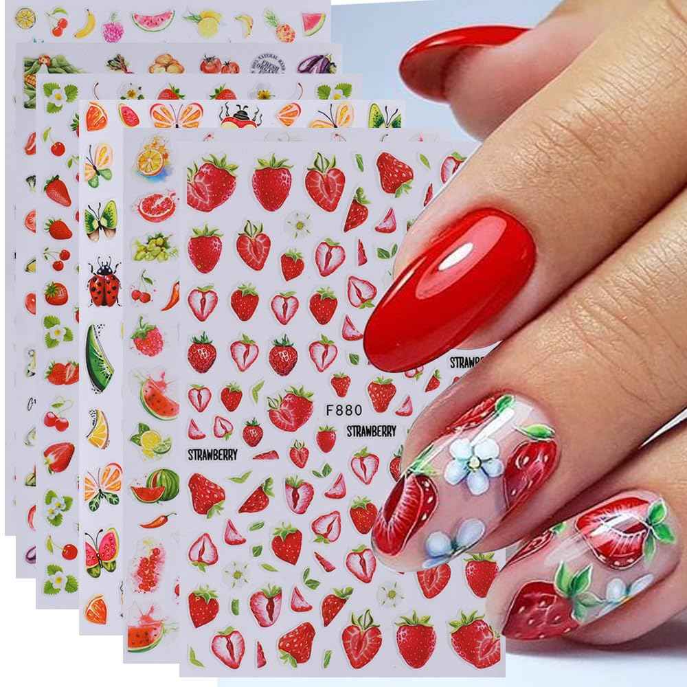 Fruits Nail Stickers Decals Kit - 14 pcs Summer Nail Art with Tweezers Decals Strawberry Lemon Designs Nail Supplies Cute Fun Self-Adhesive Sliders for Women Girls 3D Manicure Decoration