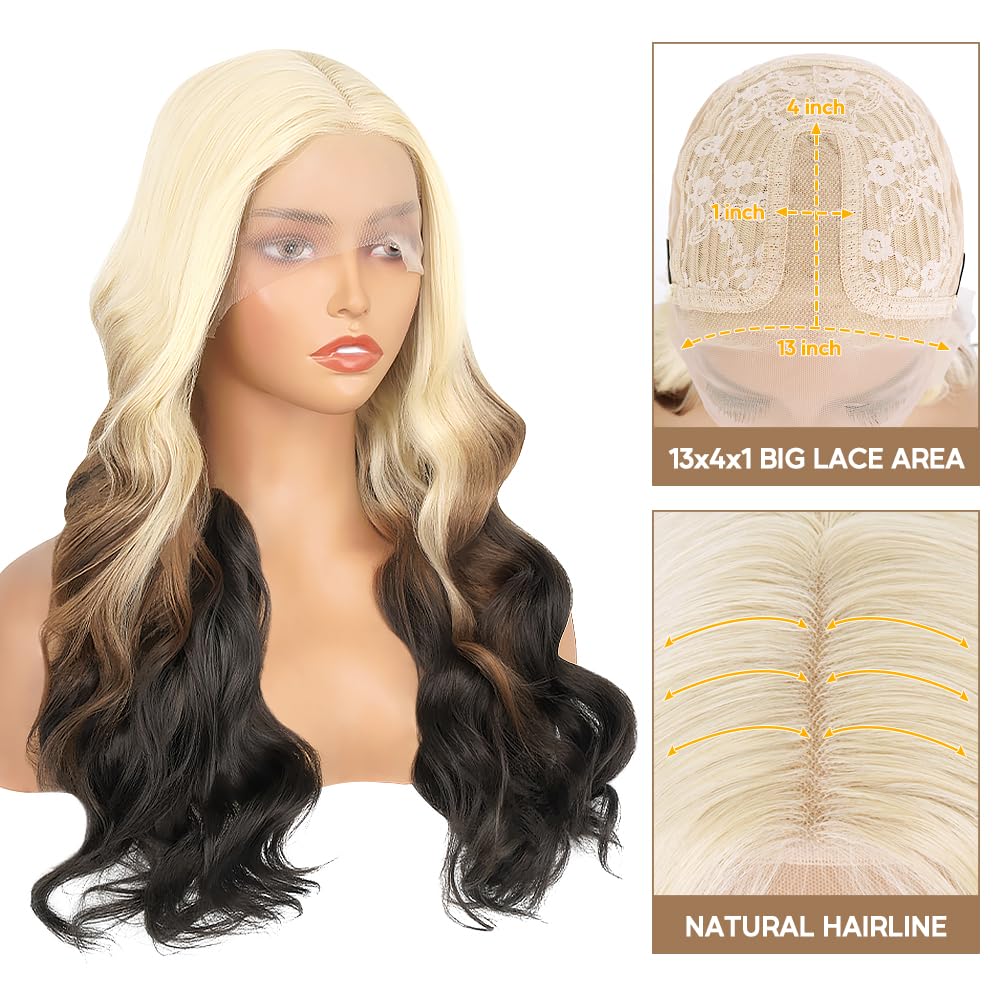 Aminow Long Blonde Wavy Wig for Women Brown Mix Blonde Synthetic Lace Front Wig Ombre Blonde Colored Wigs for Cosplay Daily Party Use (Brown Mix Blonde, 22 Inch)