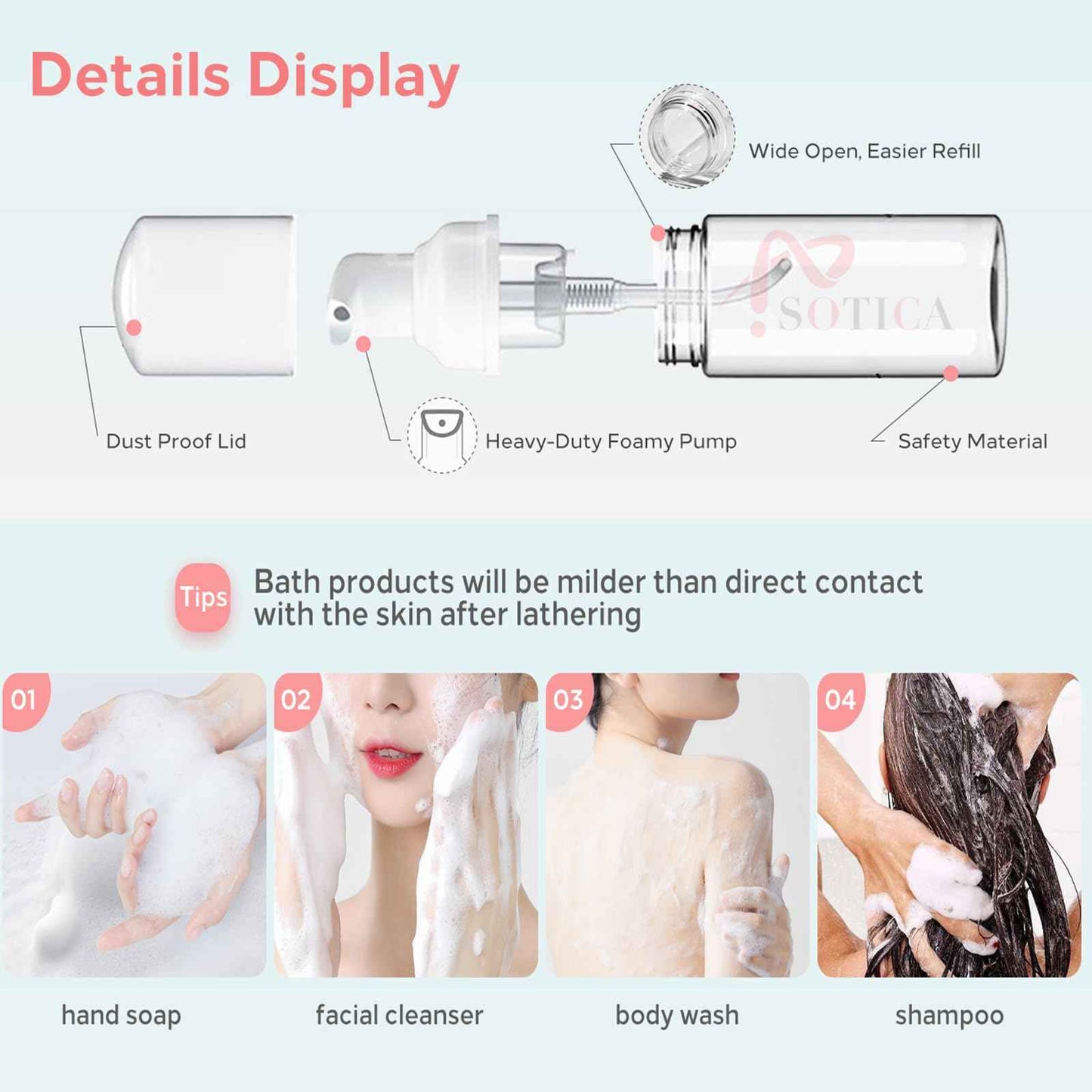 Foam Pump Bottle - SOTICA 2PCS 7OZ Foam Bottle Dispenser Transparent Foaming Soap Dispenser Empty Travel Pump Bottle for Refillable Cosmetic Pump Dispensers