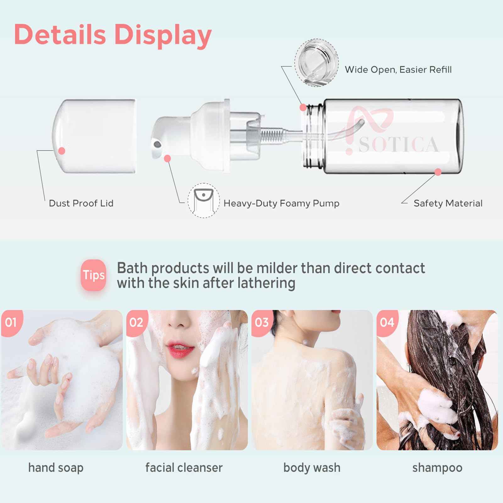 Foam Pump Bottle - SOTICA 2PCS 7OZ Foam Bottle Dispenser Transparent Foaming Soap Dispenser Empty Travel Pump Bottle for Refillable Cosmetic Pump Dispensers