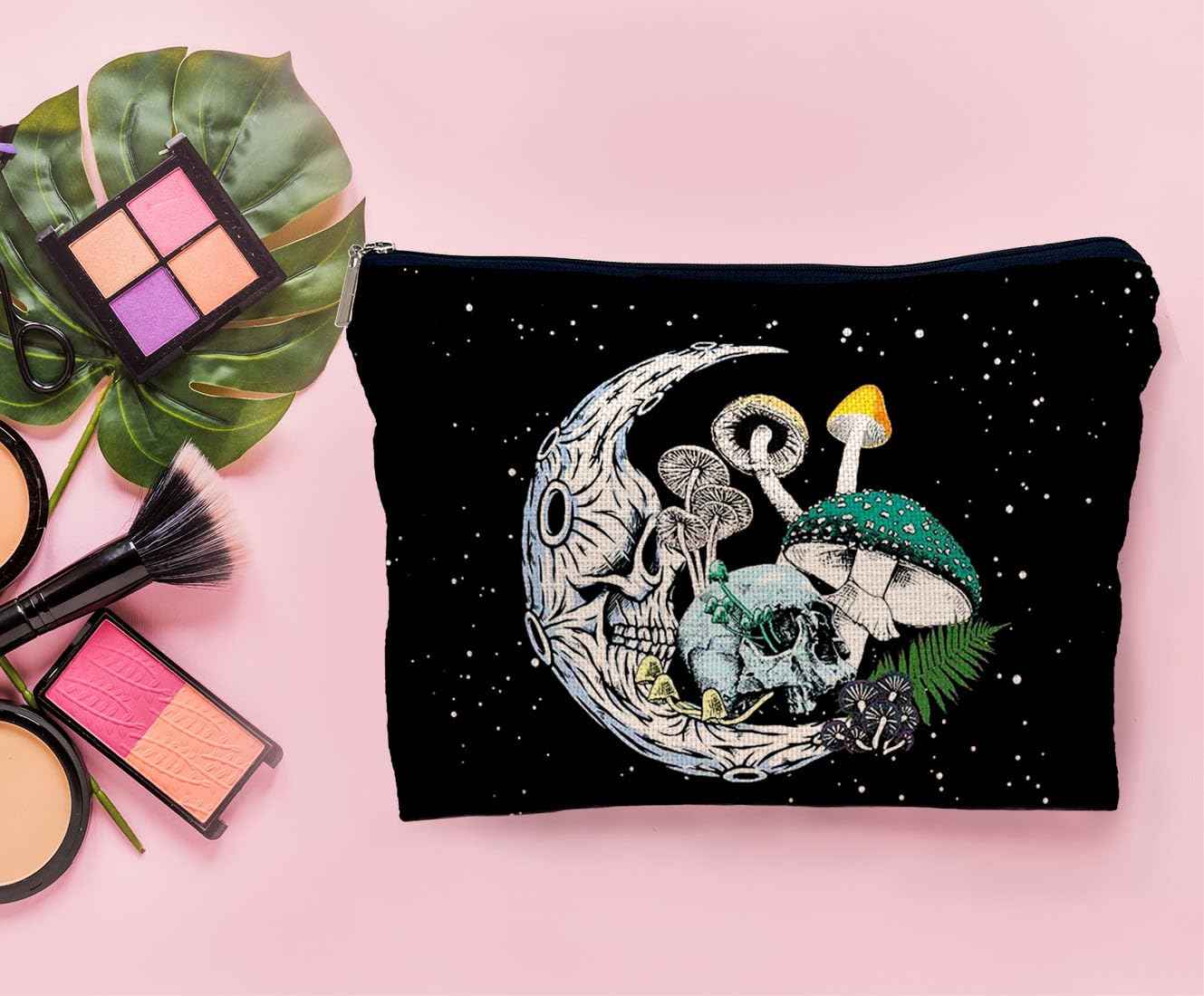 Lacosu Gothic Skull Moon Colourful Mushroom Makeup Bag,Halloween Skull Skeleton Cosmetic Makeup Bag for Women Girls,Gifts for Gothic Lovers Teens Women Girls Daughter Sister Friends