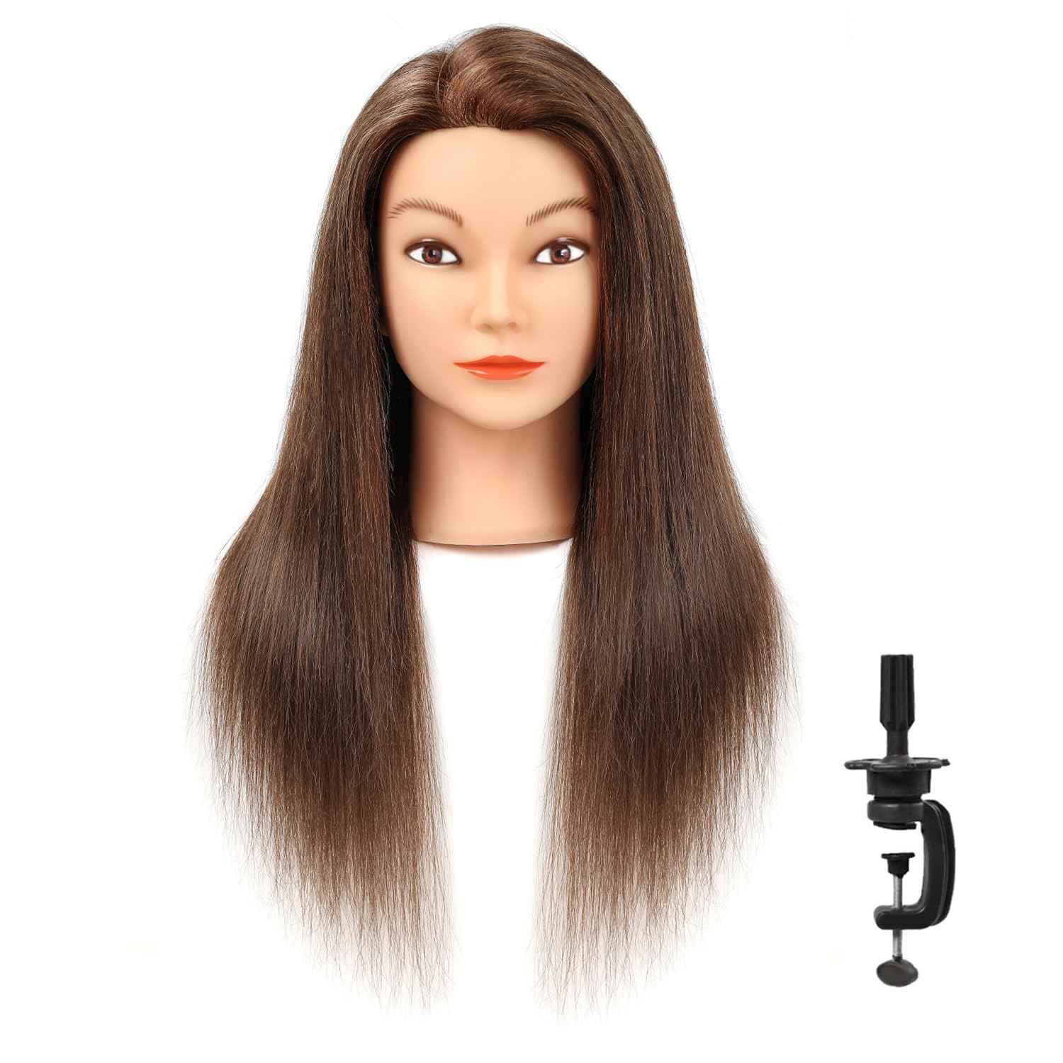 100% Human Real Hair Mannequin Head with 9 Tools and Clamp, Hairdressers' Practice Training Manikin Head and Cosmotology Doll Head for Hairstyling and Braid - Dark Brown