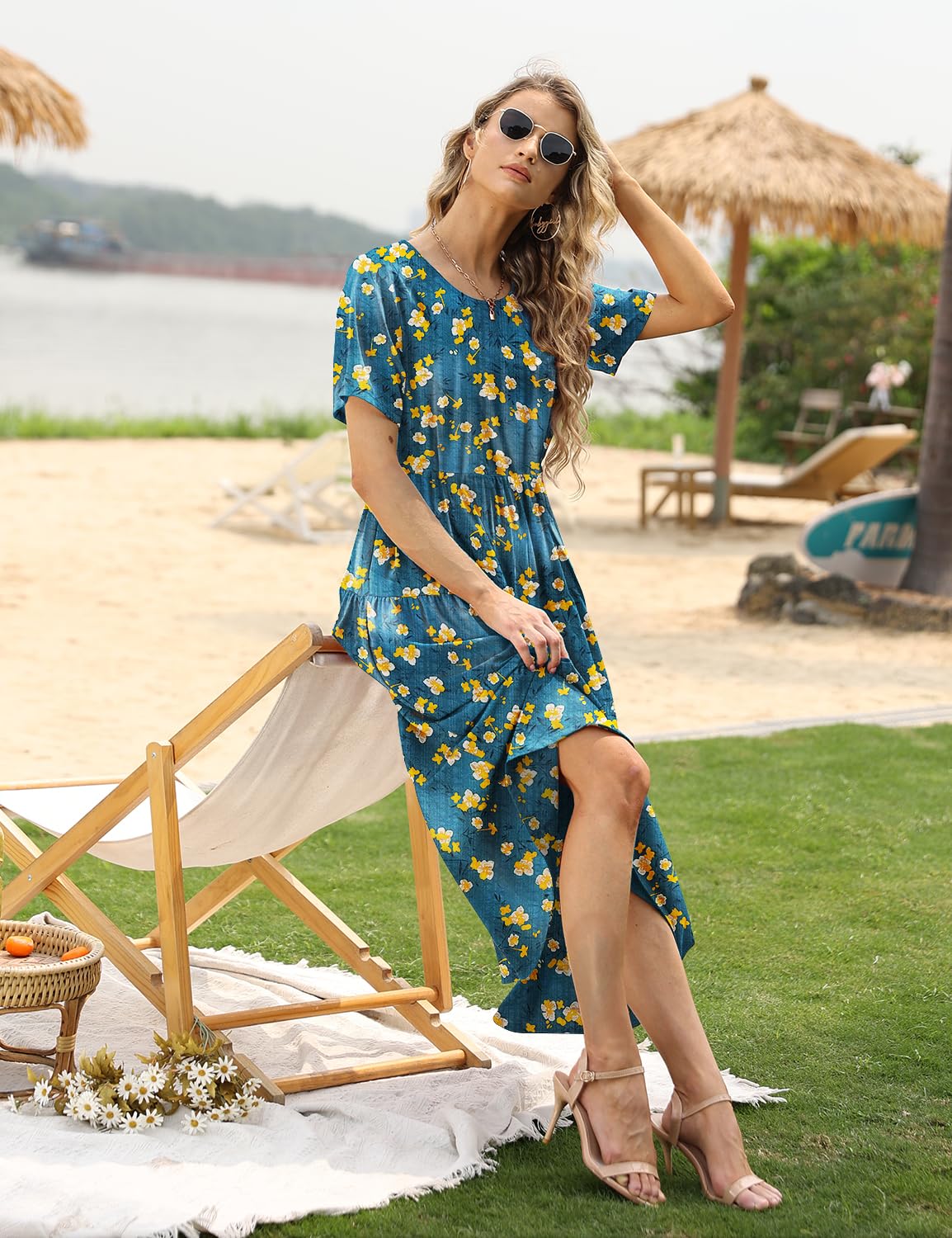 YESNO Women Casual Loose Bohemian Floral Dress with Pockets Short Sleeve Long Maxi Summer Beach Swing Dress S EJF CR416