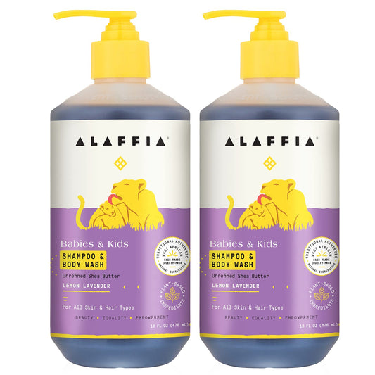 Alaffia Babies and Kids Shampoo and Body Wash, Gentle and Calming Support for Soft Hair and Skin with Shea Butter, Neem, and Coconut Oil, Fair Trade, Coconut Strawberry, 2 Pack – 16 Fl Oz Ea