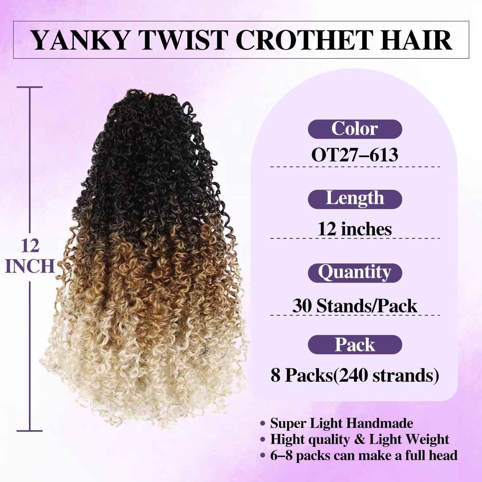Yanky Twist Crochet Hair 11 Inch 8 Packs 30 Stands/Pcs,Pre-looped Fluffy Spring Mini Twist Passion Twist 3 Tones Ombre Blonde Synthetic crochet braids for black women(11 Inch, 1B/27/613)