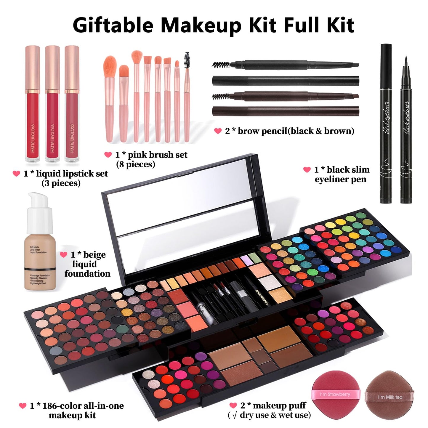 Professional Big Makeup Kit for Teens Girls & Women Full Kit, Beauty Case with Beginner Cosmetics Sets, All-in-One Make Up Gift Box with Lipgloss, Eyeshadow,Blush,Highlight,Brow&Liner Pens,Brush,etc