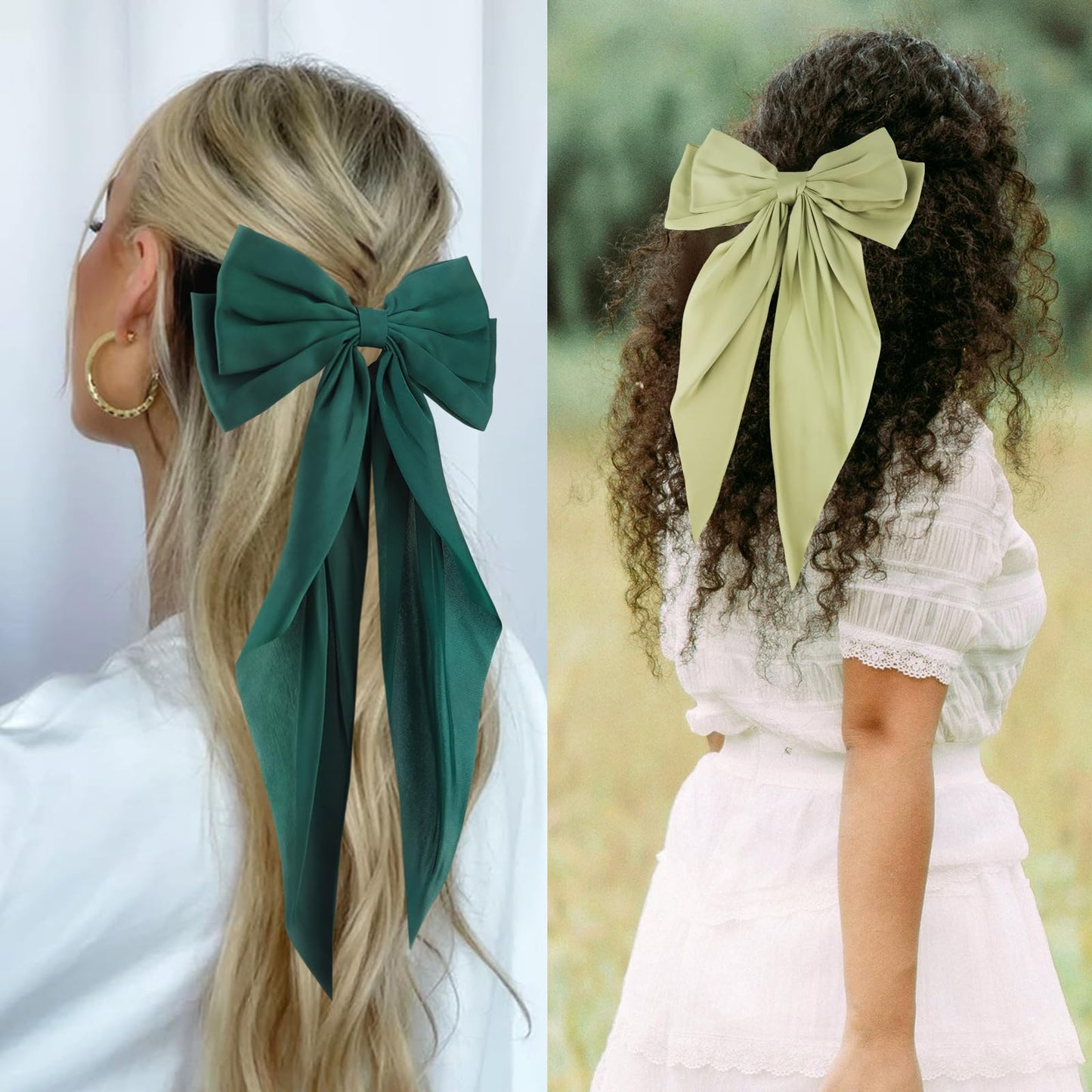 JOYRUBY Green Bow Hair Clips, 2PCS Hair Bows for Women Satin Big Bows for Girls, Long Tail Large Hair Bows for Girls Coquette Bows Hair Accessories