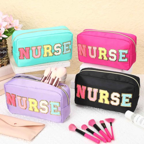 Cosblank 4 Pcs Nurse Makeup Bag Chenille Letter Nylon Cosmetic Bag Makeup Bag Toiletry Cosmetic Case Nurse Bag with Zipper Stuff Bag Cosmetic Pouch Makeup Pouch for CNA IPN RN Nurse Week