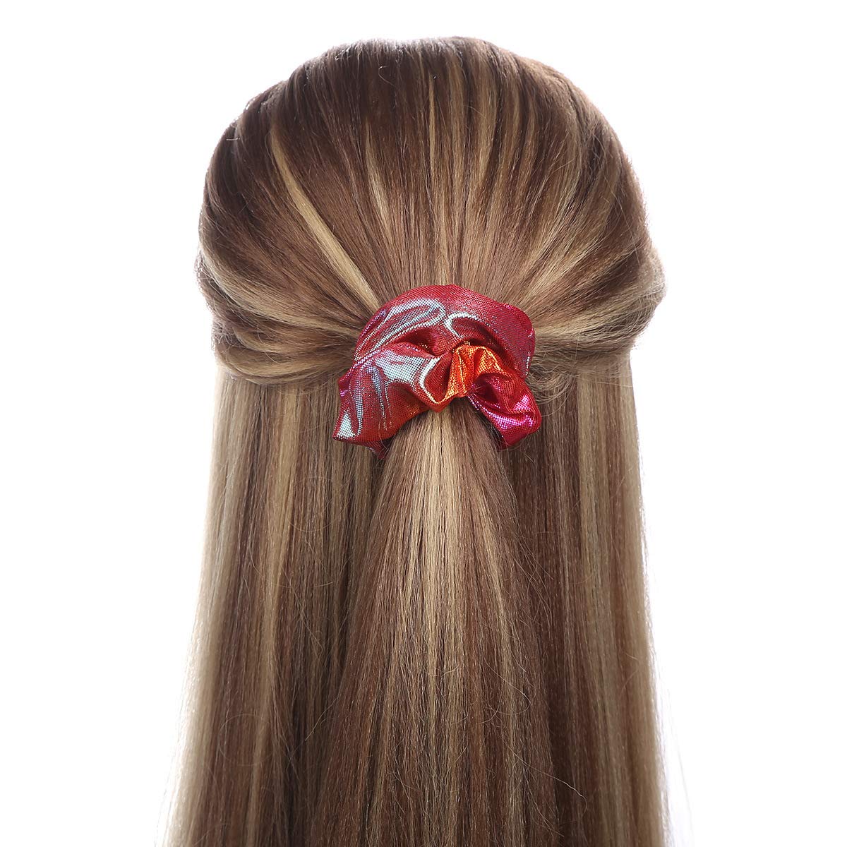 12 Pcs Shiny Mermaid Dance Cheer Hair Scrunchies For Thick Hair School Performance/Sports/Practice/Party/Gymnastics Metallic Scrunchie Ponytail Holder Wrist for Girls Cosplay Show (Red)